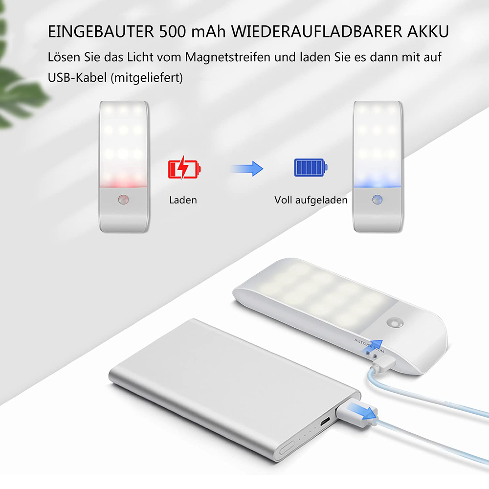 Ein weißes Licht wird mit einem USB-Kabel von einer Powerbank aufgeladen.