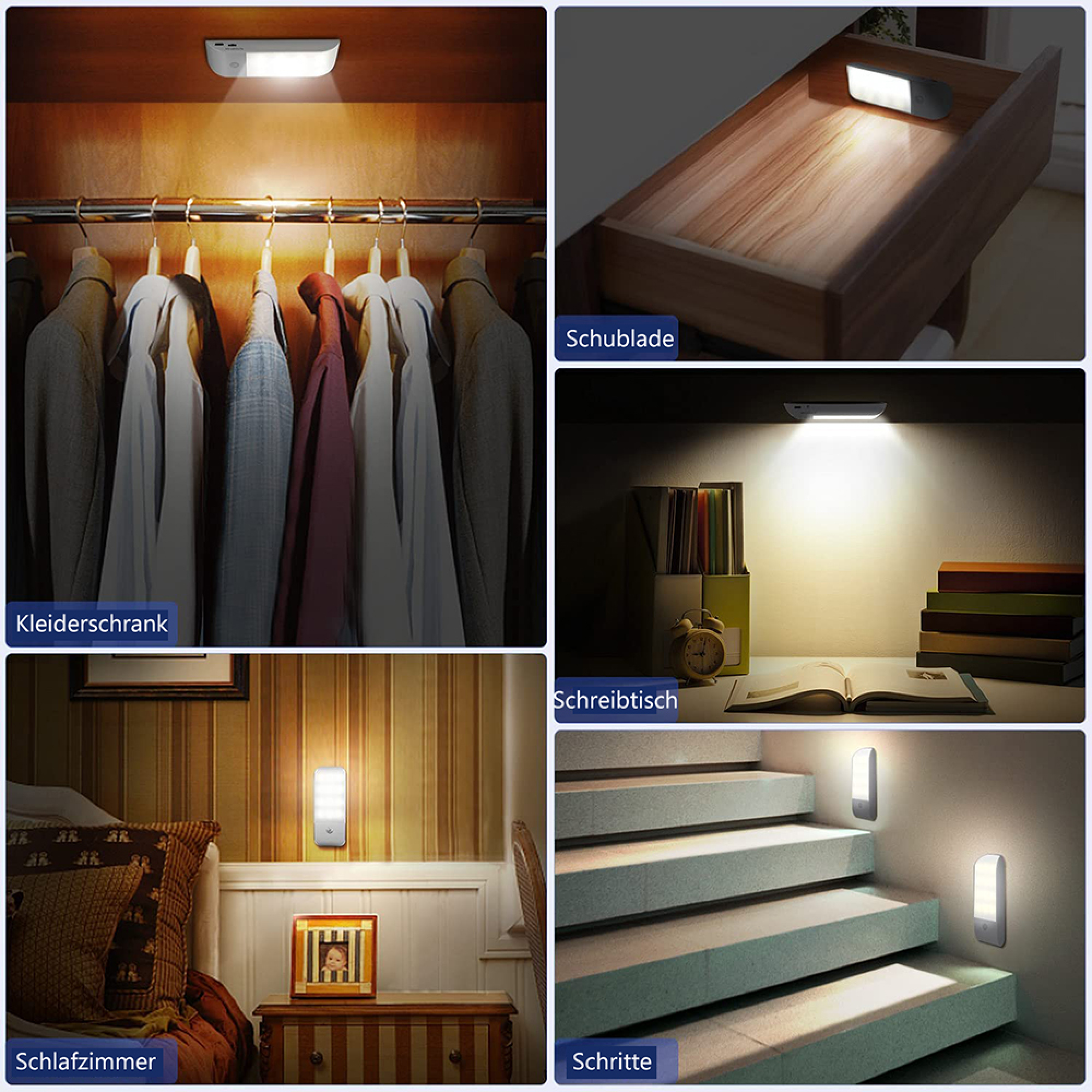 Ein Licht beleuchtet Kleiderschrank, Schublade, Schreibtisch, Schlafzimmer und Treppen.