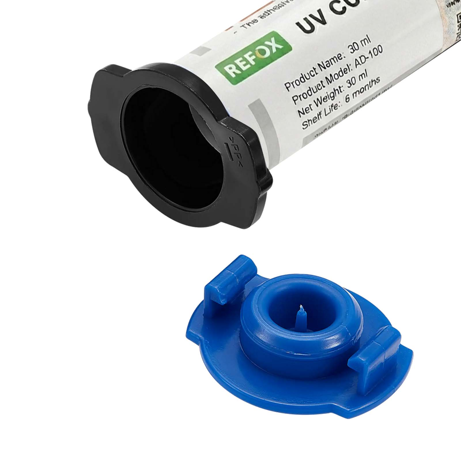 Ein REFOX UV-Klebstoffbehälter mit abgenommenem blauem Applikator-Deckel.