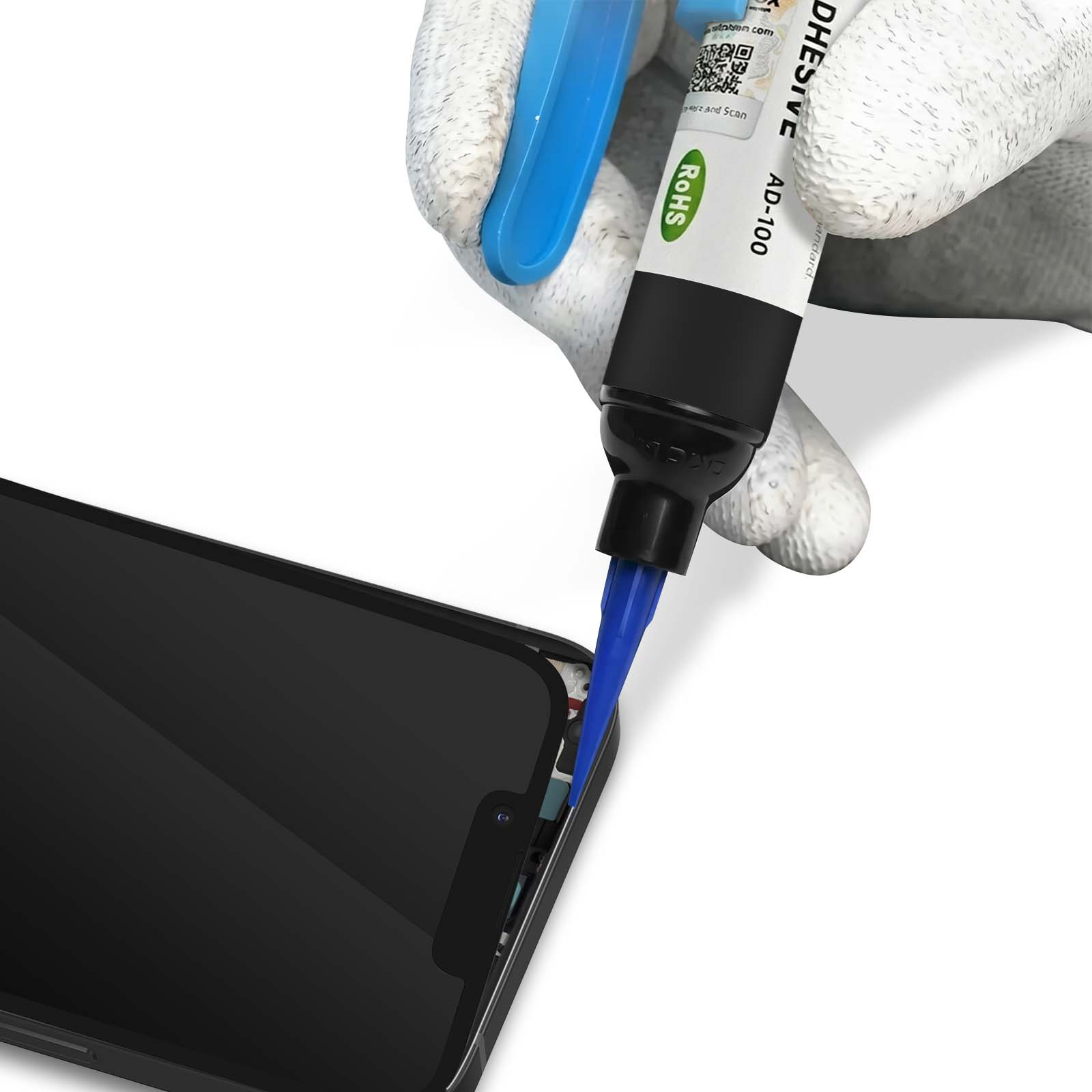 Ein weißer Handschuh trägt Klebstoff auf ein Smartphone auf.