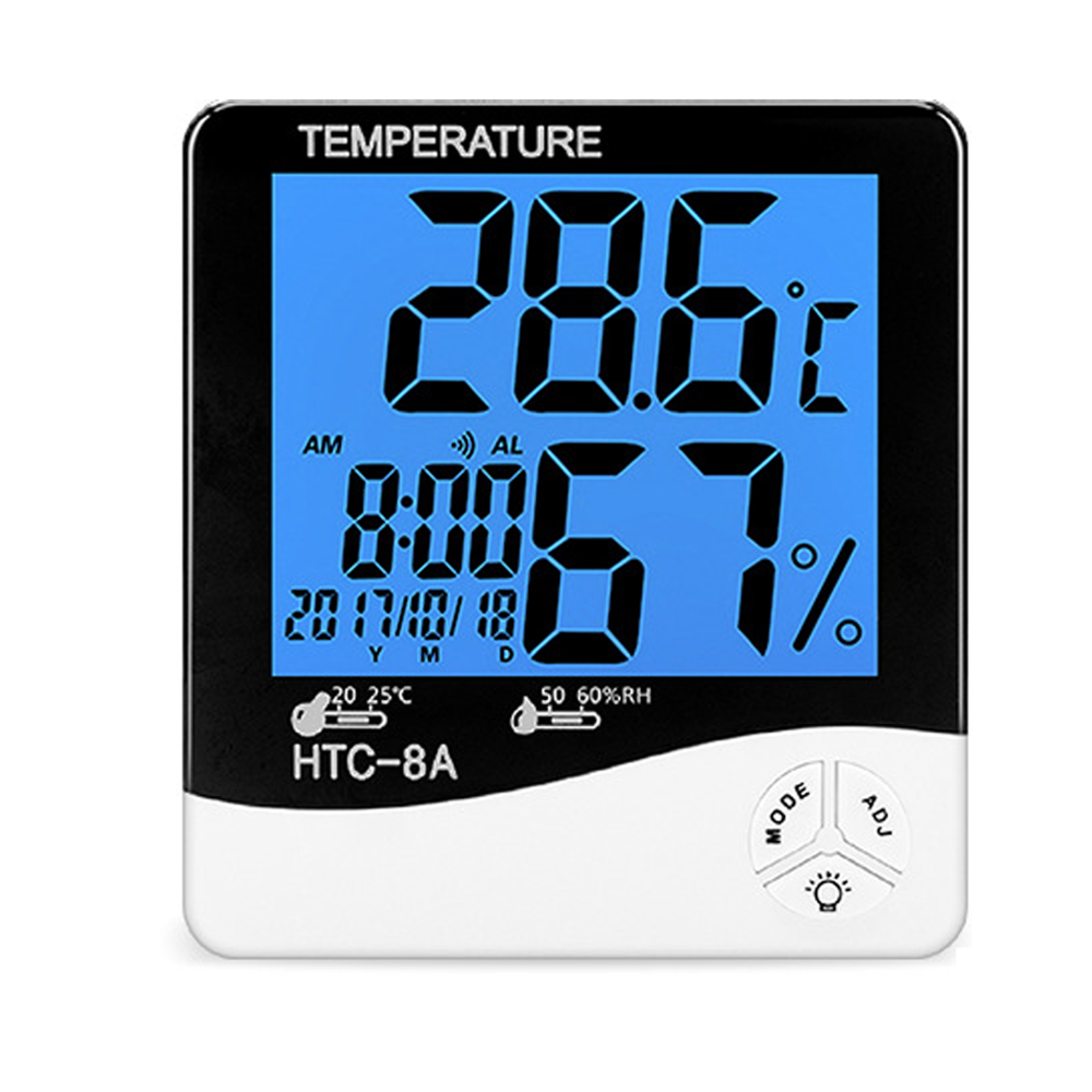 Digitale Anzeige für Temperatur, Luftfeuchtigkeit, Datum und Uhrzeit. Minimaltemperatur 20°C, Maximaltemperatur 25°C.