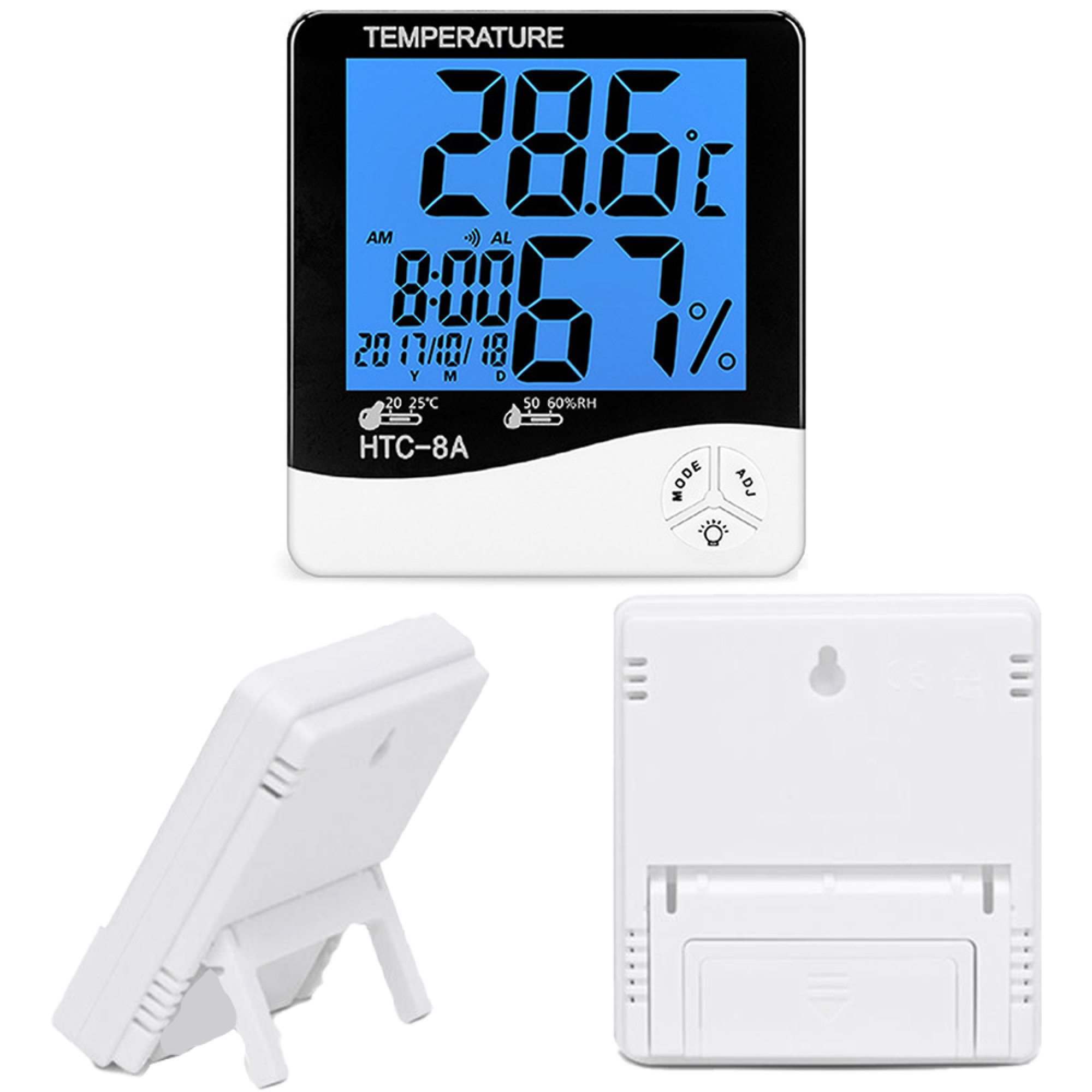 Ein Digitalthermometer zeigt 28,6°C, 8:00 Uhr und 67% Luftfeuchtigkeit an.