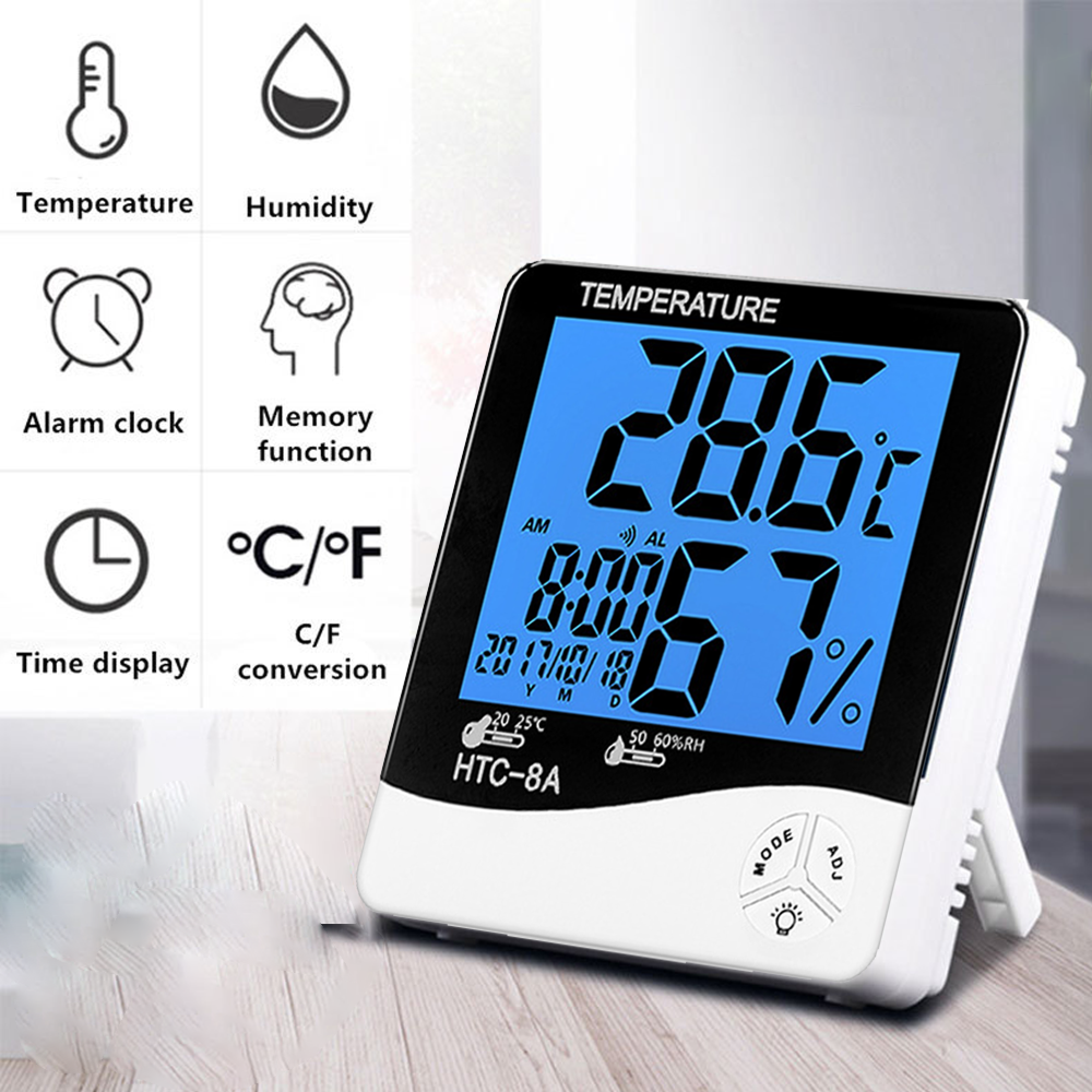 Ein weißes digitales Thermometer-Hygrometer zeigt 28,6°C, 8:00 Uhr, Datum und 57 % Luftfeuchtigkeit.