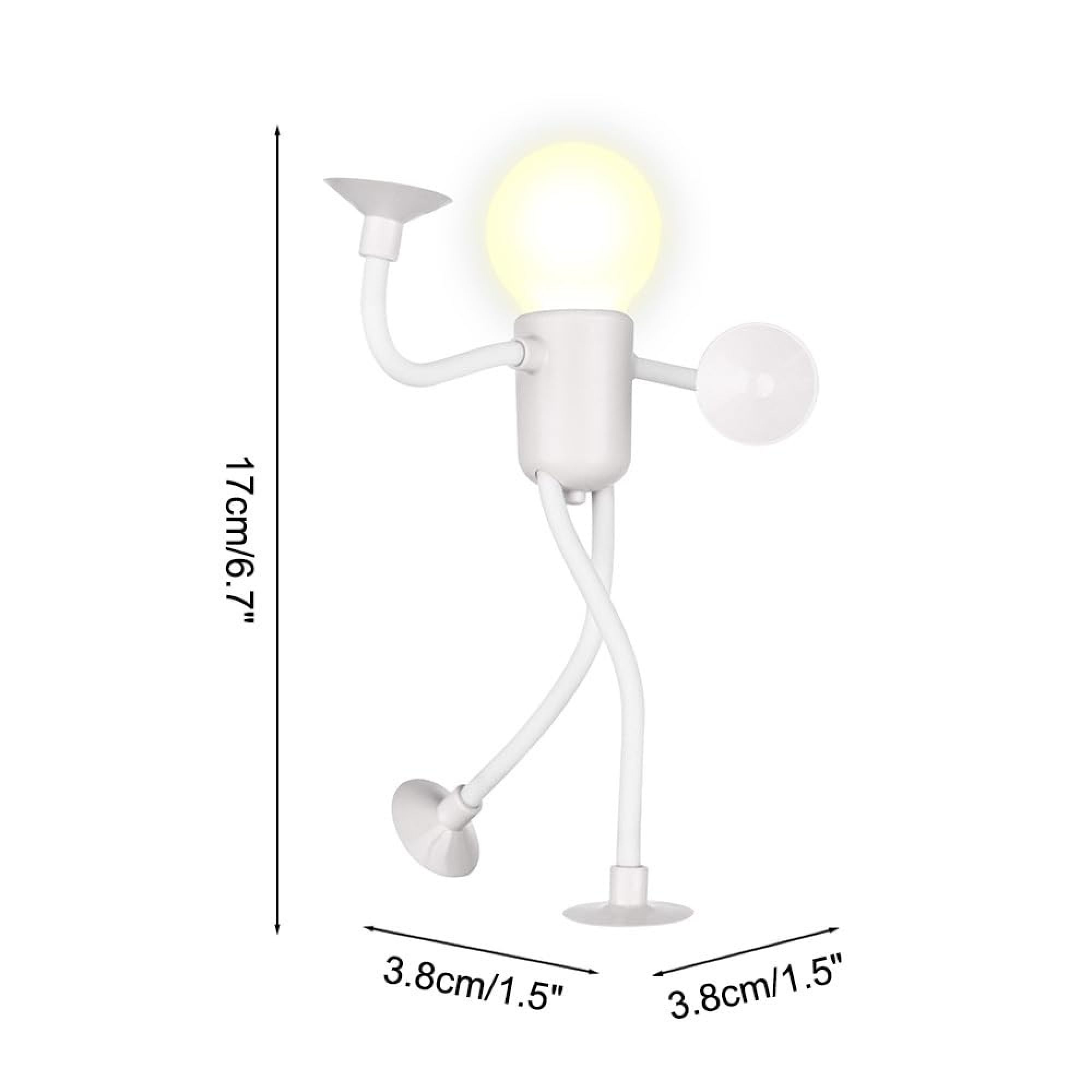 Eine weiße Lampe in Menschenform mit leuchtender Glühbirne und Saugnäpfen.