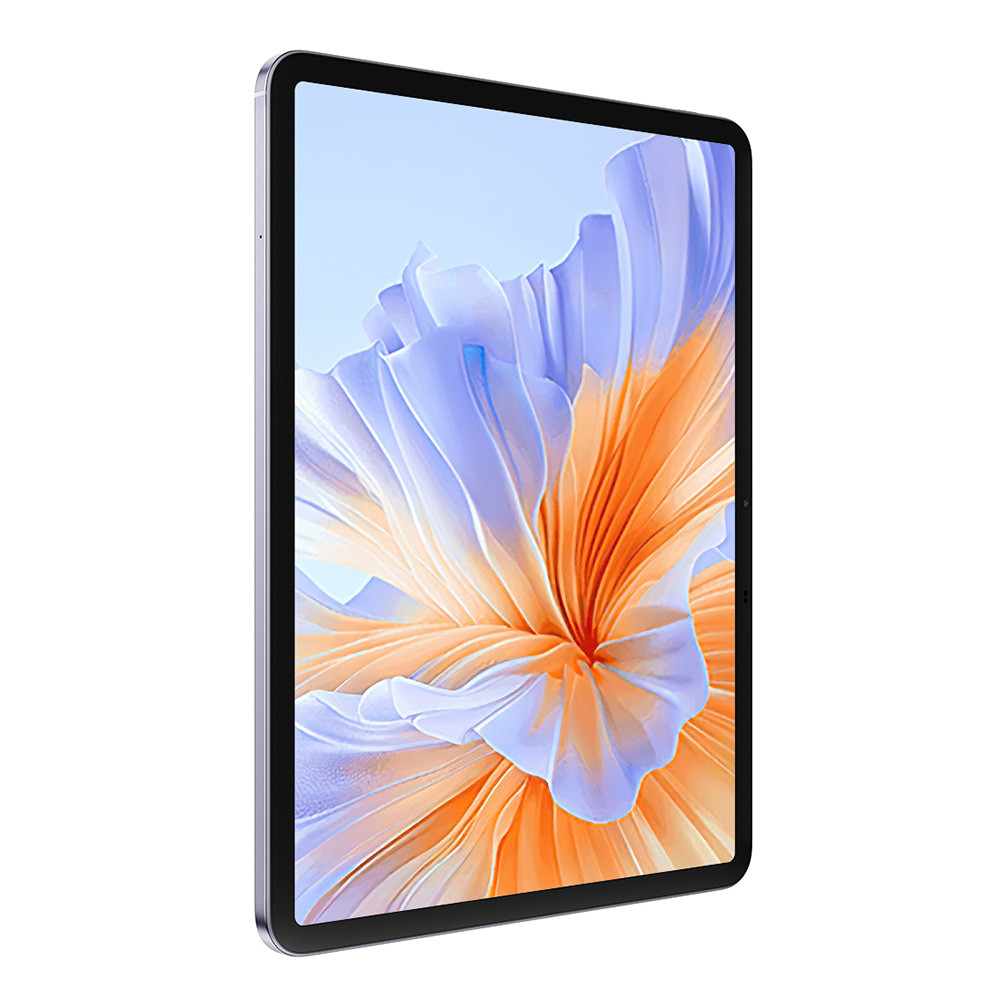 Ein Tablet mit einem abstrakten, blütenartigen Hintergrund in Orange und Lila.