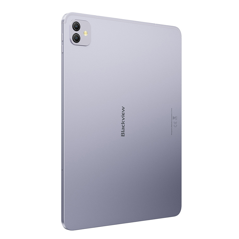 Rückseite eines silbernen Tablets mit zwei Kameras und dem Blackview-Logo.