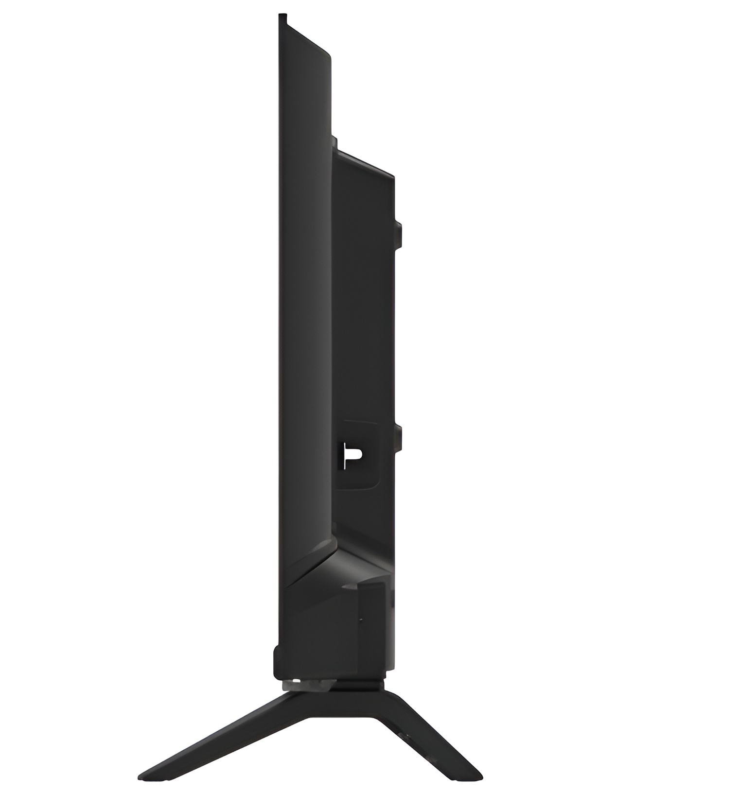 Schwarzer Fernseher von der Seite mit einem schmalen Standfuß auf weißem Hintergrund.