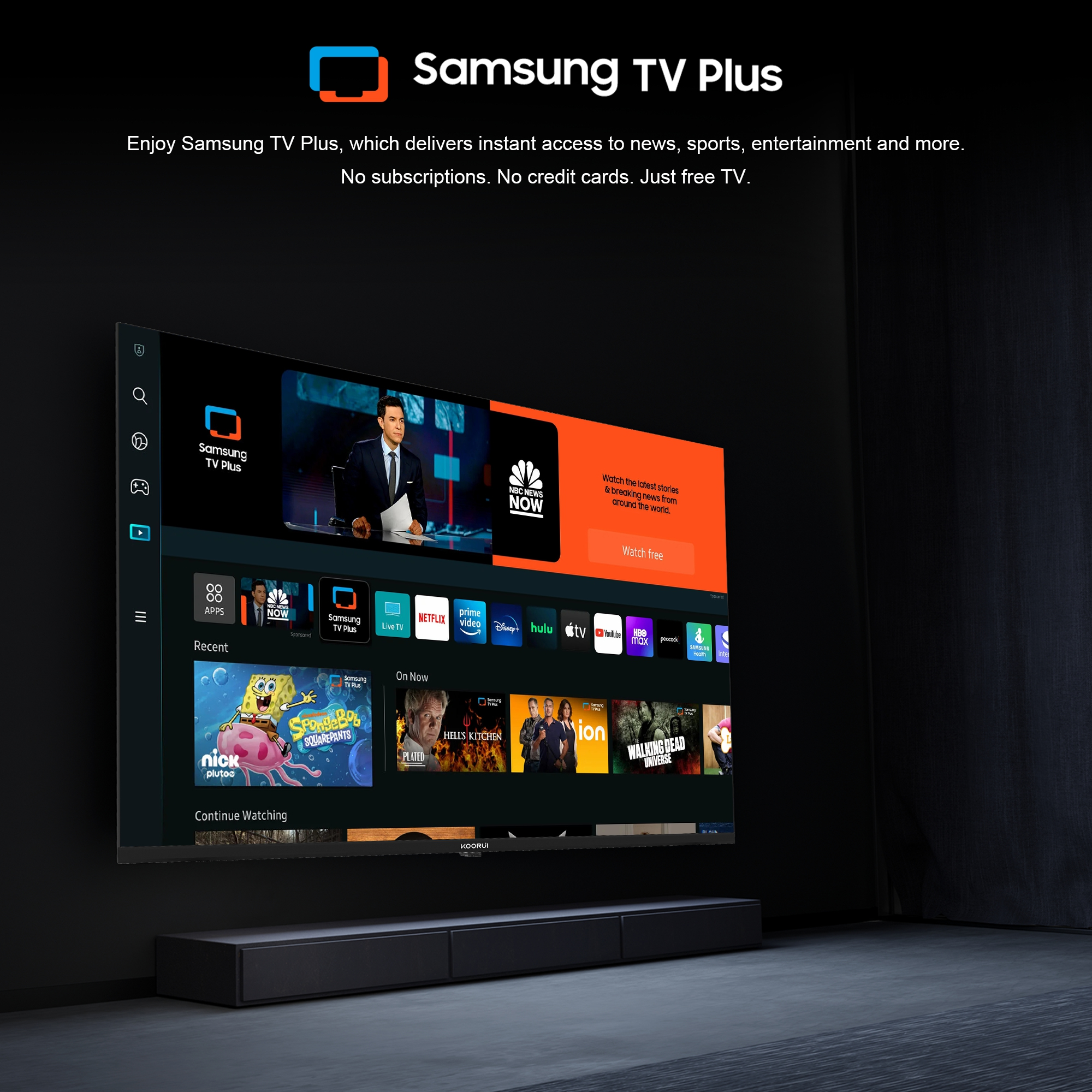 Ein moderner Samsung Fernseher zeigt die Samsung TV Plus App mit diversen Kanälen und Shows.