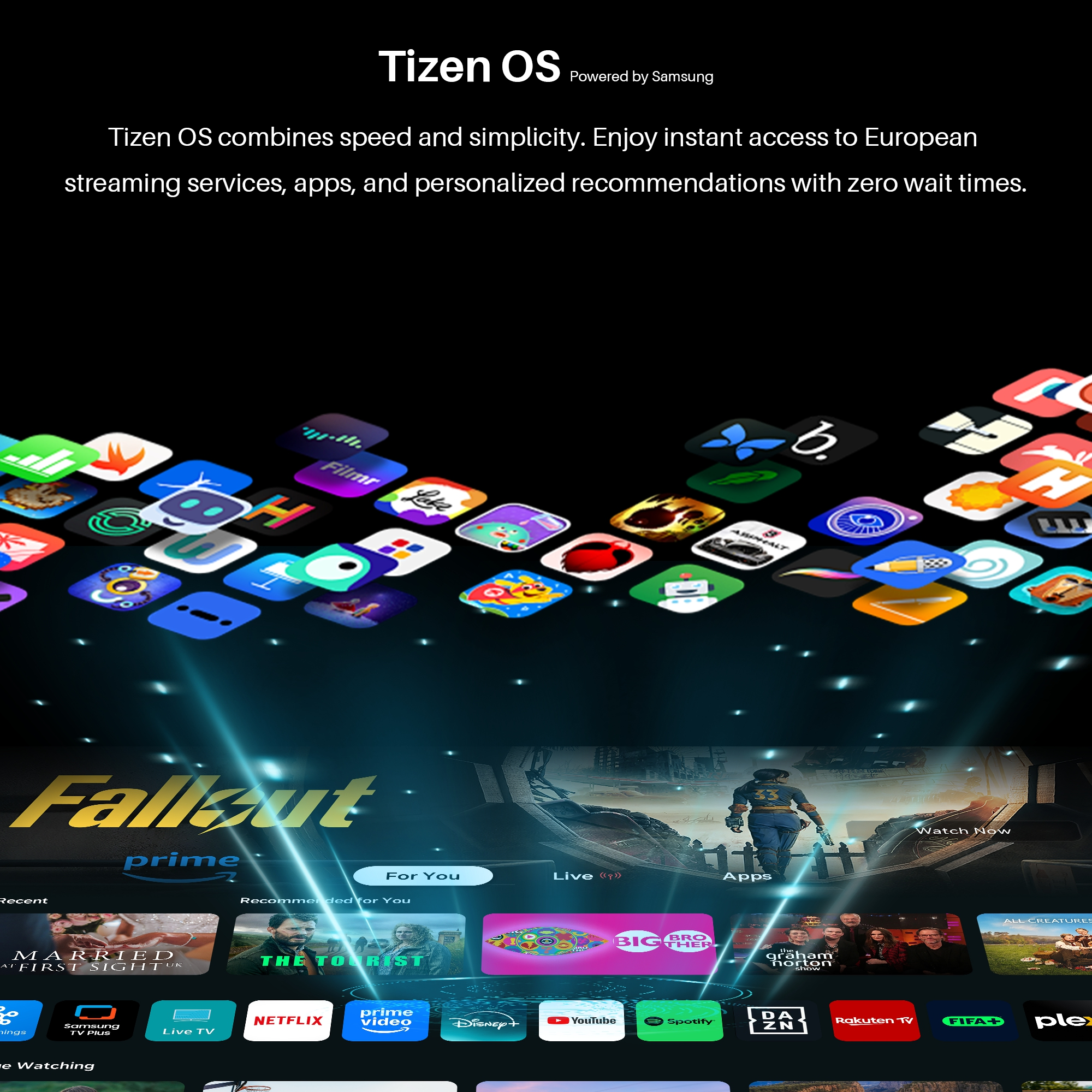 Tizen OS mit App-Icons, Fallout-Werbung und Streaming-Diensten.