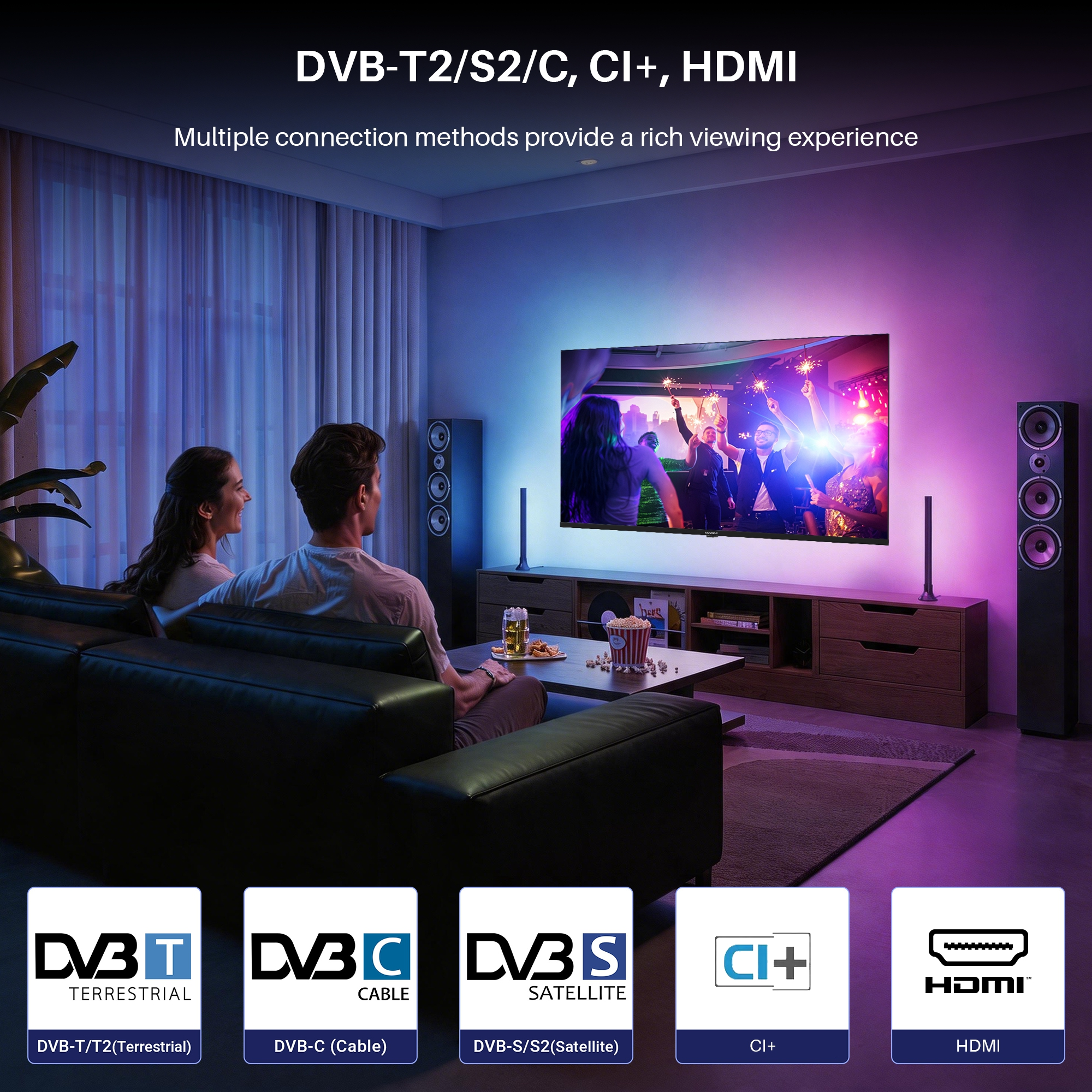 Ein Paar sitzt auf einem Sofa und schaut fern. Es gibt Symbole für DVB-T/S/C, CI+ und HDMI.