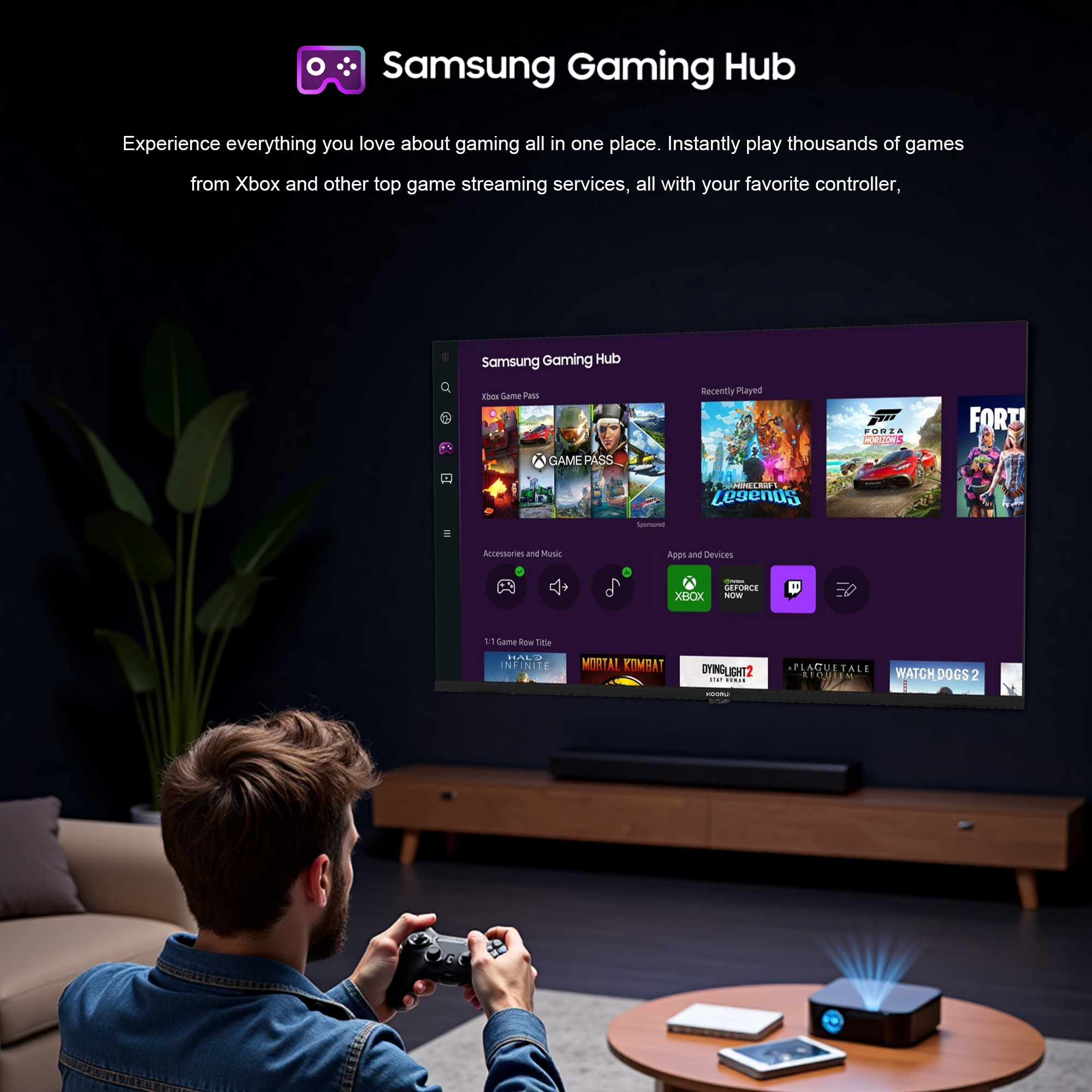 Mann spielt Videospiel mit Controller vor Samsung Gaming Hub auf dem Fernseher.