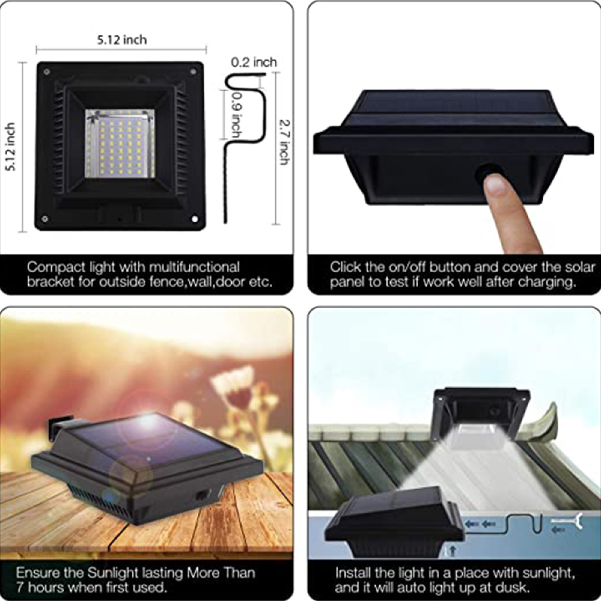 Ein kompaktes Solarlicht mit Halterung und Maßen. Ein Finger drückt den Knopf.