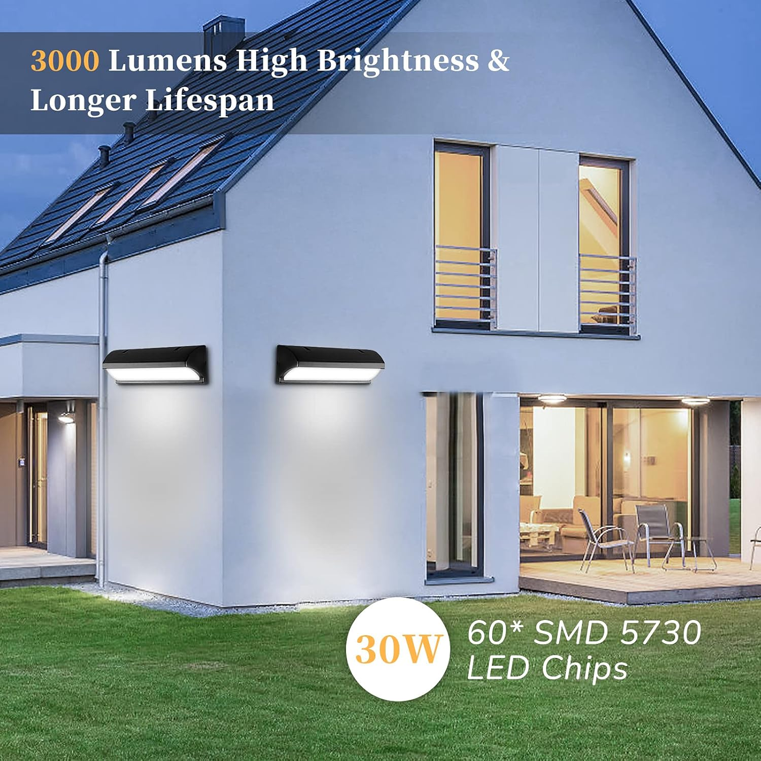 Zwei schwarze LED-Wandleuchten beleuchten ein modernes Haus mit Rasen.