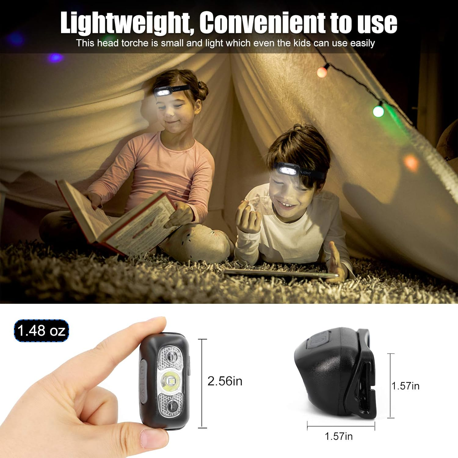 Zwei Kinder in einem Zelt mit Stirnlampen, daneben eine Stirnlampe mit Maßen.