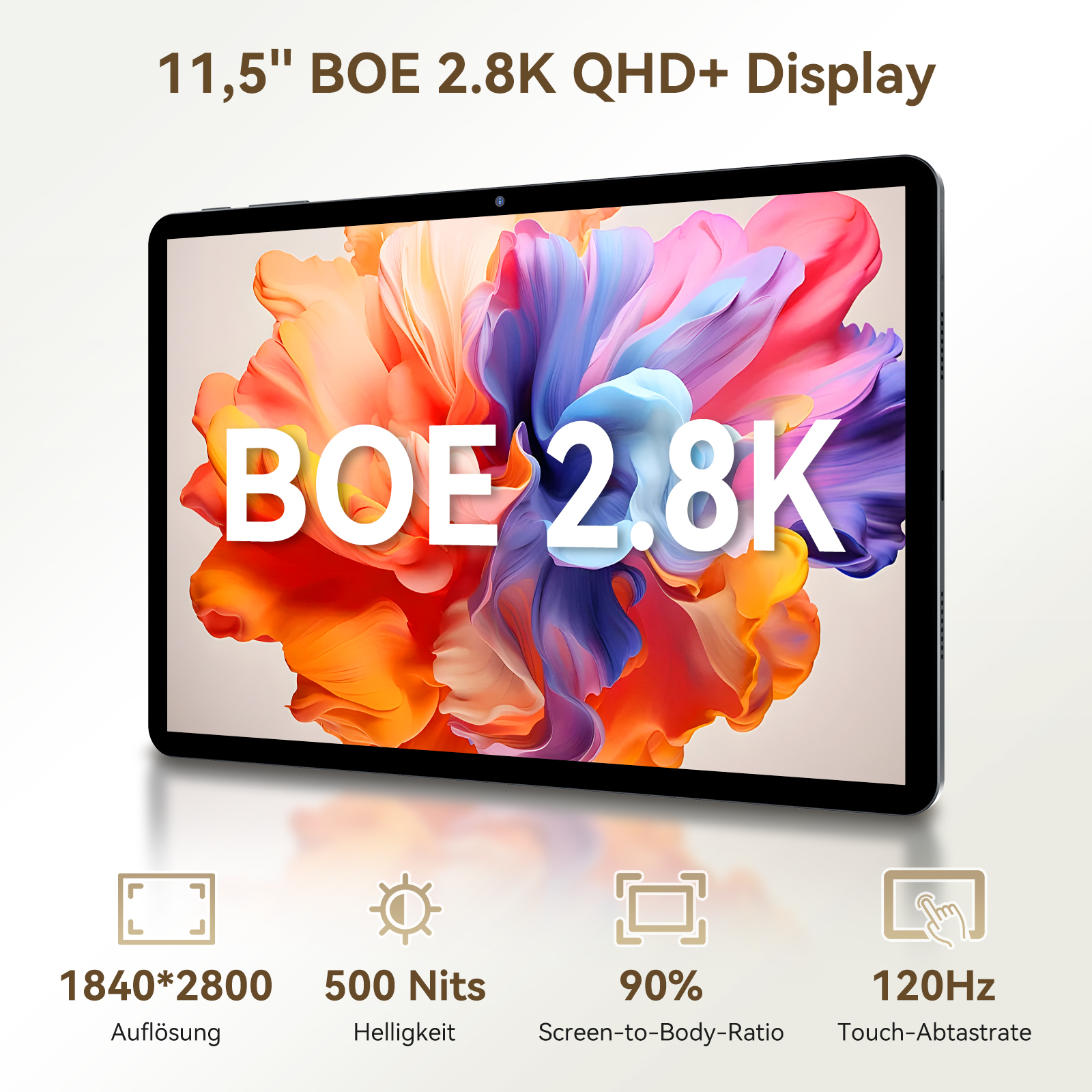 Ein Tablet mit 11,5 Zoll BOE 2,8K QHD+ Display, 1840x2800 Auflösung, 500 Nits Helligkeit.