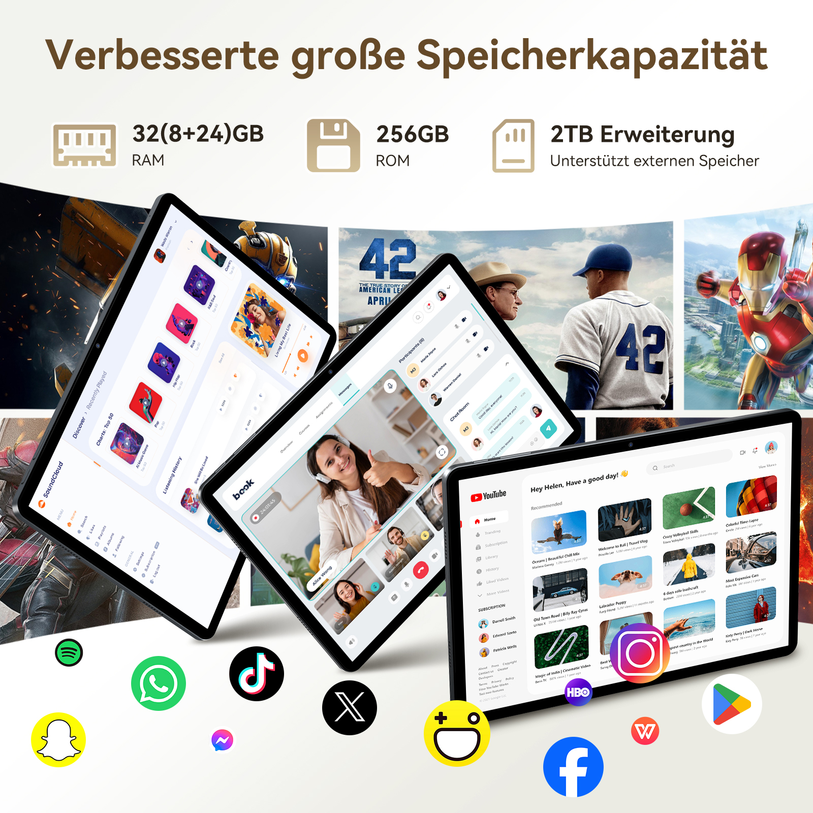 Tablets zeigen Apps: Musik, Video, Anrufe. Icons: Spotify, TikTok, X, WhatsApp.