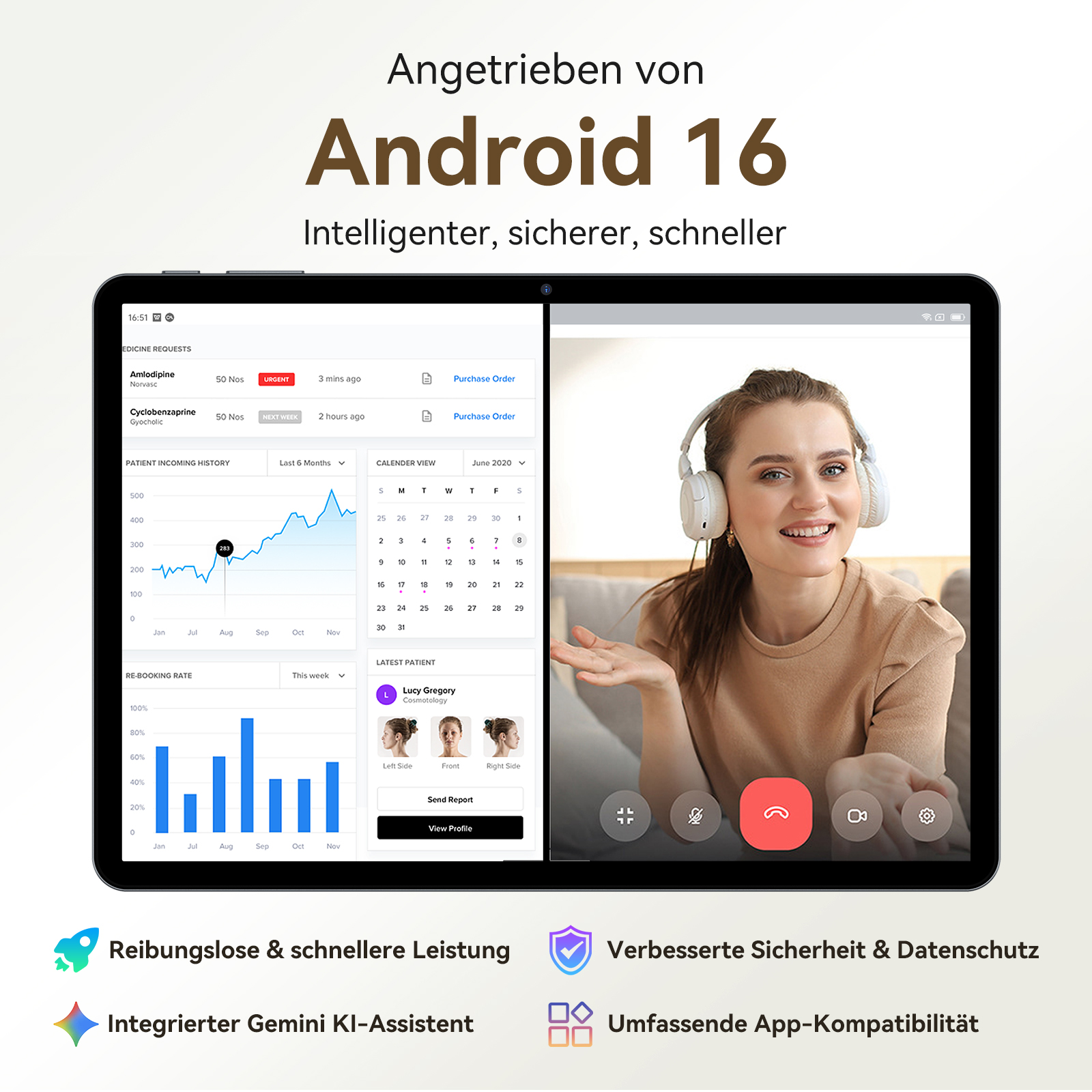 Tablet zeigt ein Android 16 Interface, mit Patienten- und Kalenderdaten und einer Frau.