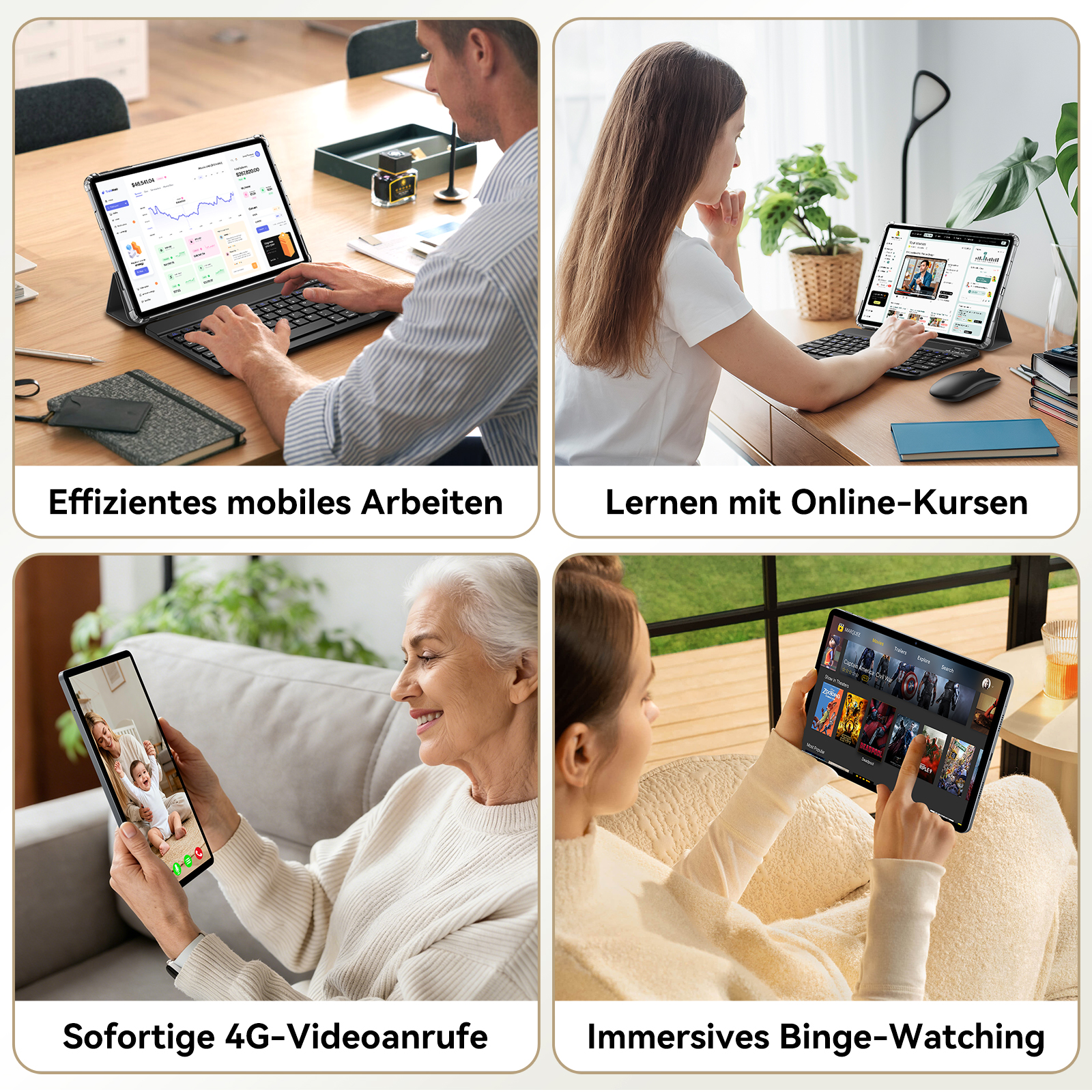 Vier Szenen zeigen Tablets: Arbeiten, Lernen, Videoanruf, Filme schauen.