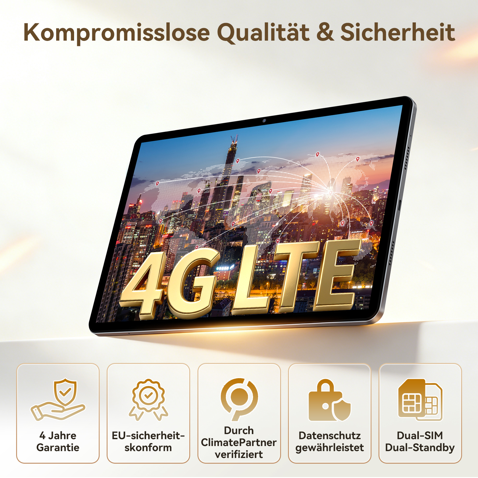 Tablet zeigt Stadt bei Nacht mit 4G LTE und Icons für Garantie, Sicherheit, Klimaschutz und Dual-SIM.