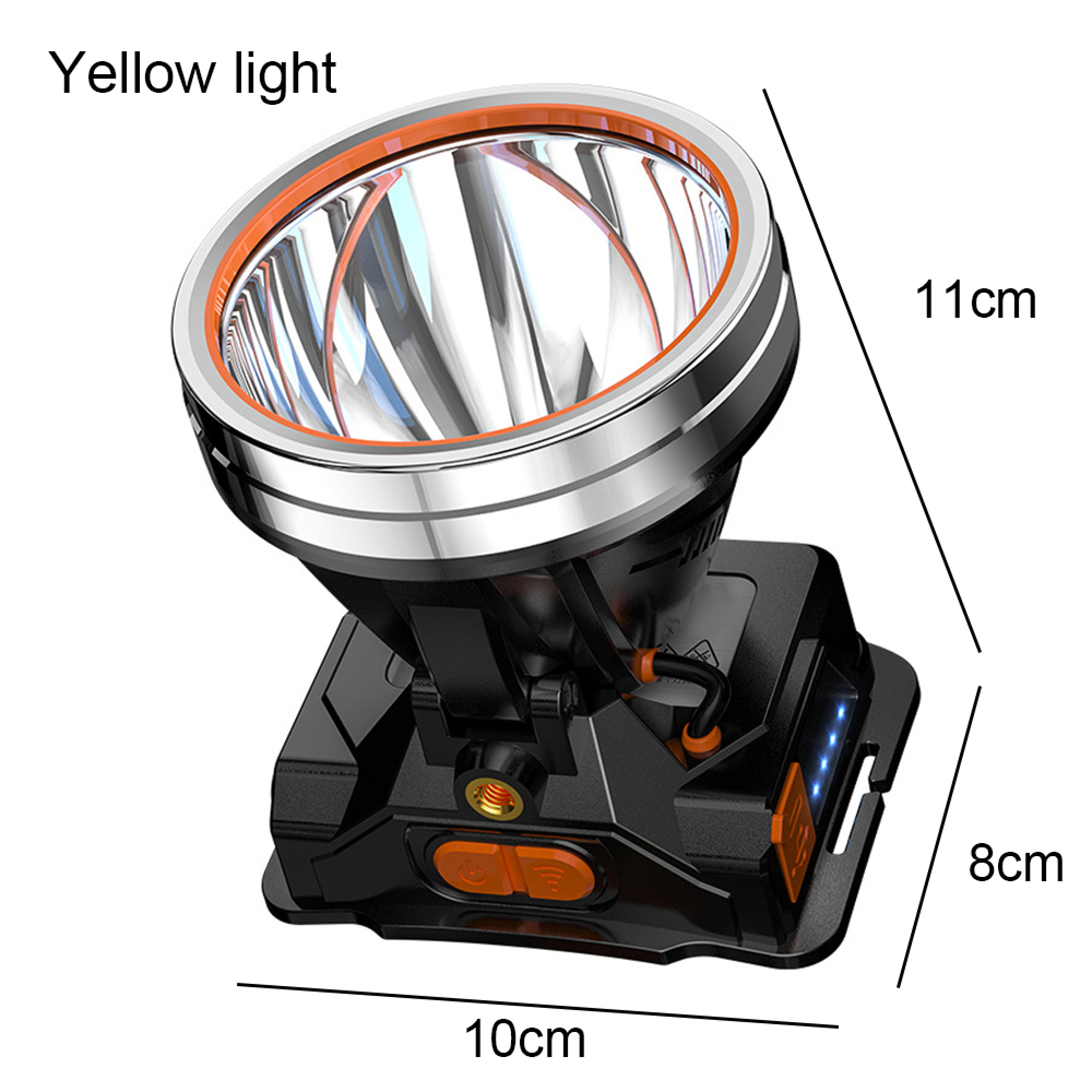Ein schwarzer Stirnlampe mit orangen Akzenten und silbernem Reflektor.