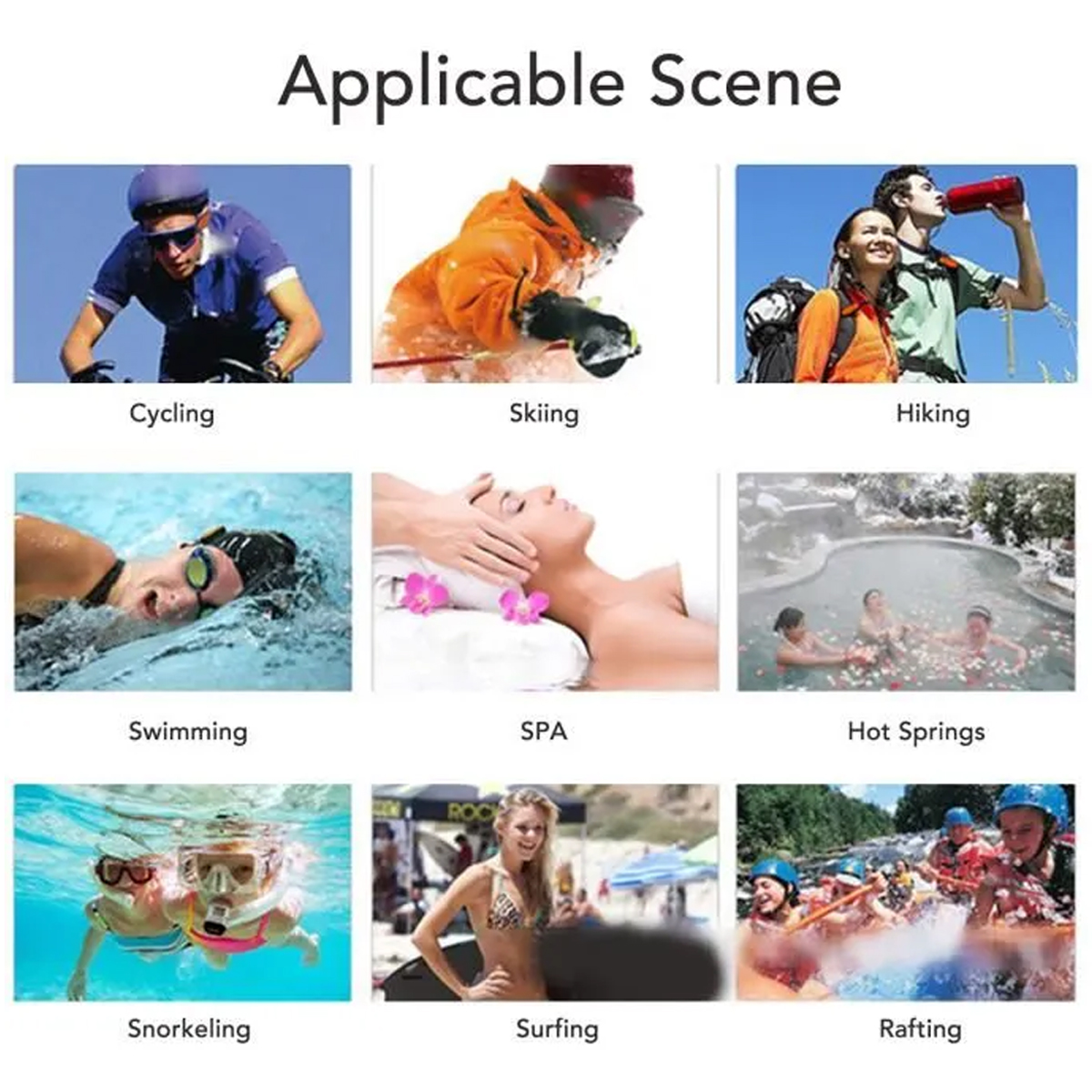 Collage aus 9 Bildern: Radfahren, Skifahren, Wandern, Schwimmen, Spa, heiße Quellen, Schnorcheln, Surfen, Rafting.