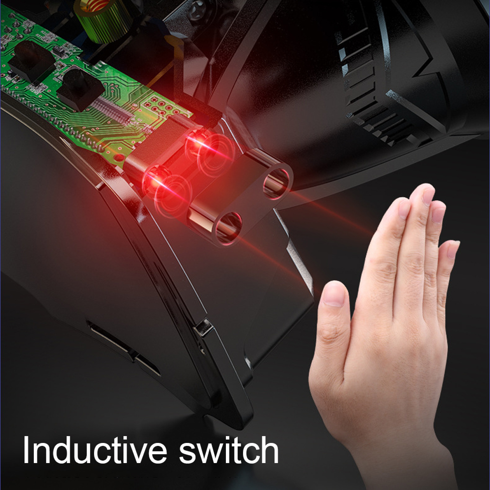 Eine Hand nähert sich einem Sensor mit roten Lichtern und einer Leiterplatte.