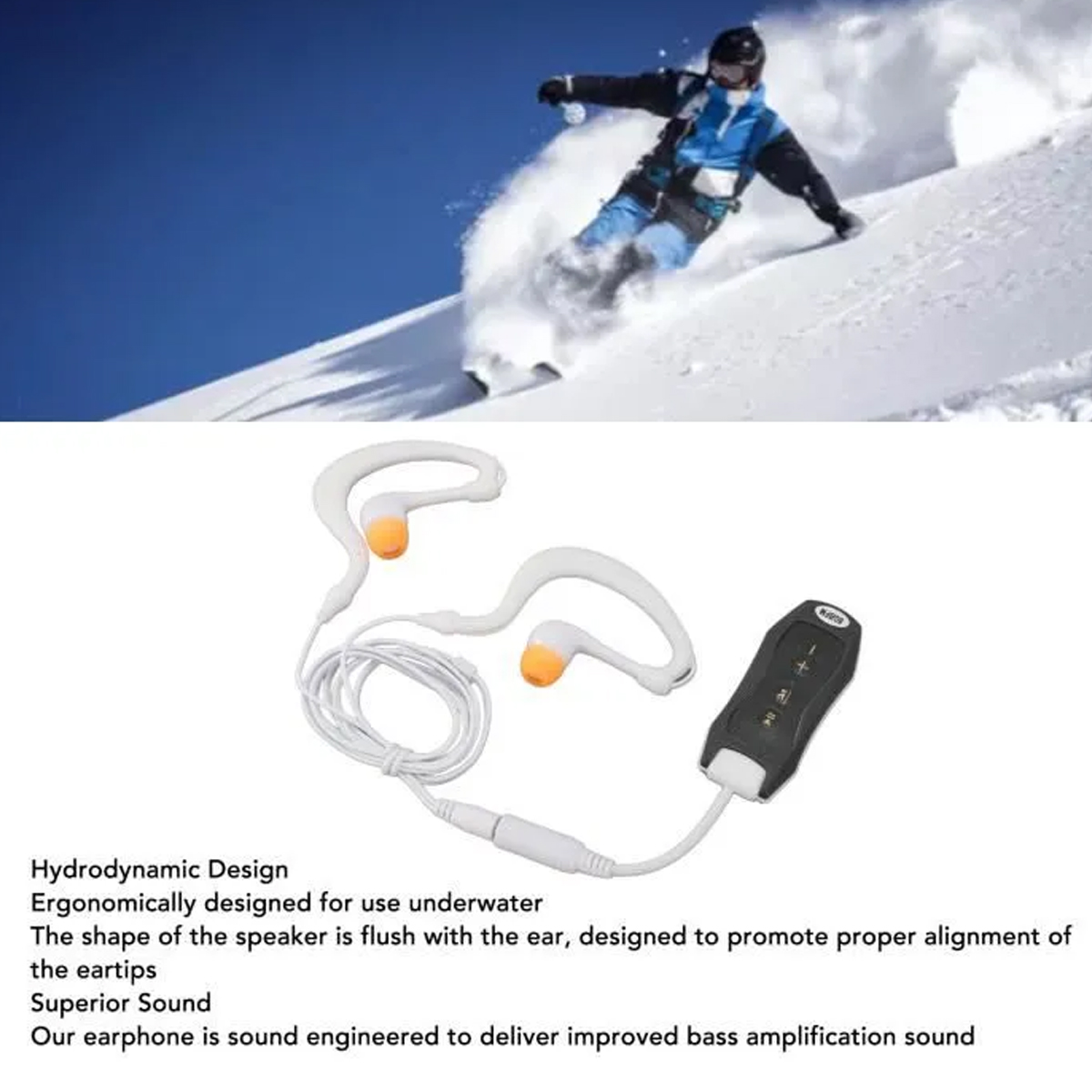 Skifahrer fährt eine schneebedeckte Piste hinunter, daneben weiße Kopfhörer mit orangefarbenen Spitzen.