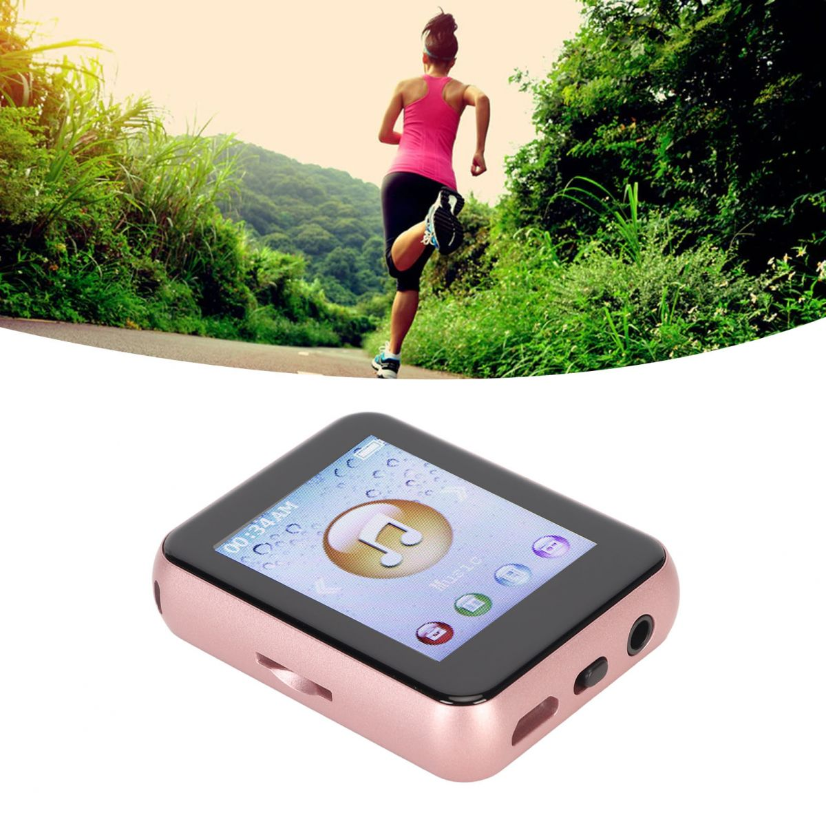 Eine Frau joggt auf einem Weg; davor liegt ein rosafarbener MP3-Player.