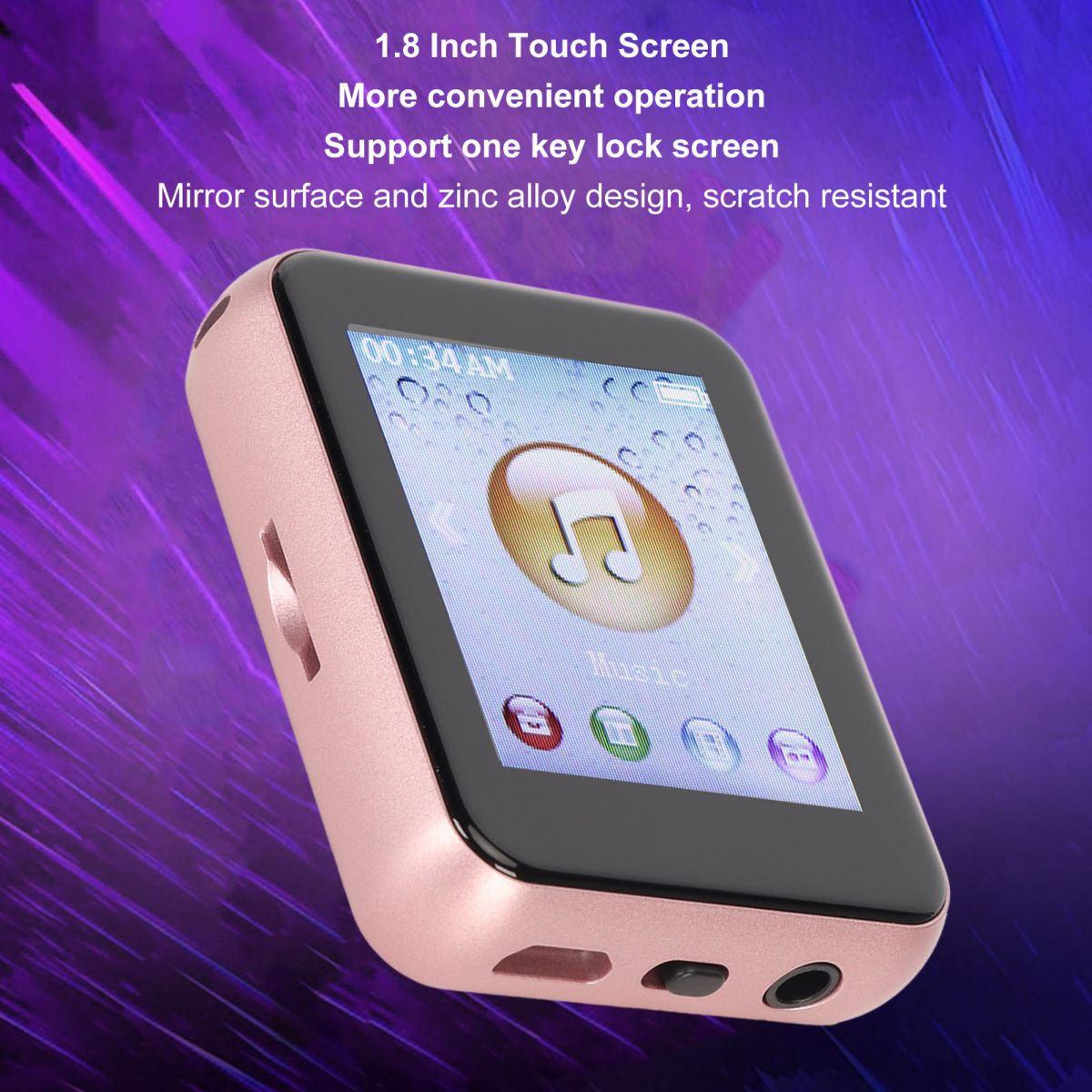 Ein roségoldener MP3-Player mit Touchscreen zeigt ein Musiknotensymbol an.
