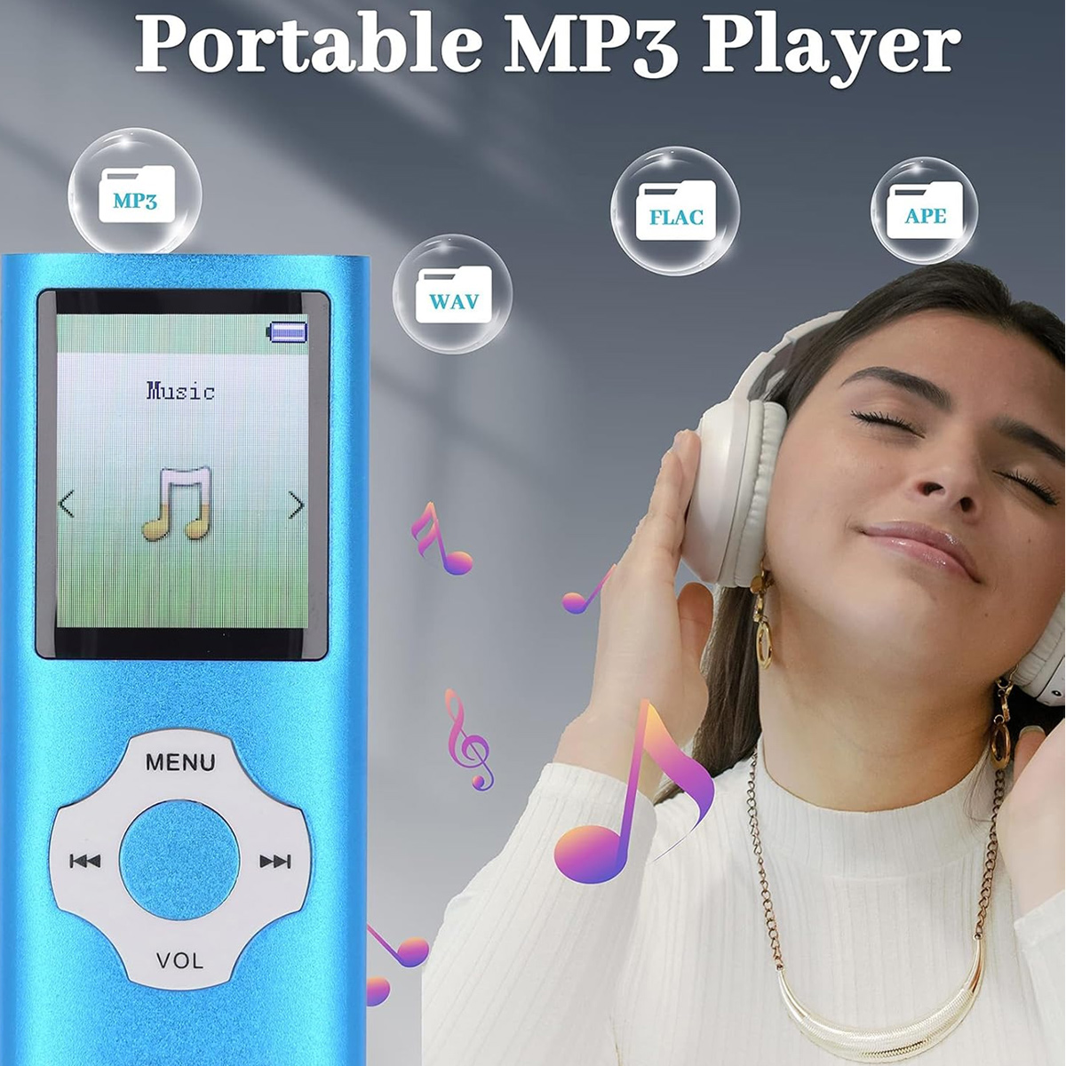 Blauer MP3-Player mit Kopfhörern und Musiknoten. Unterstützt MP3, WAV, FLAC, APE.