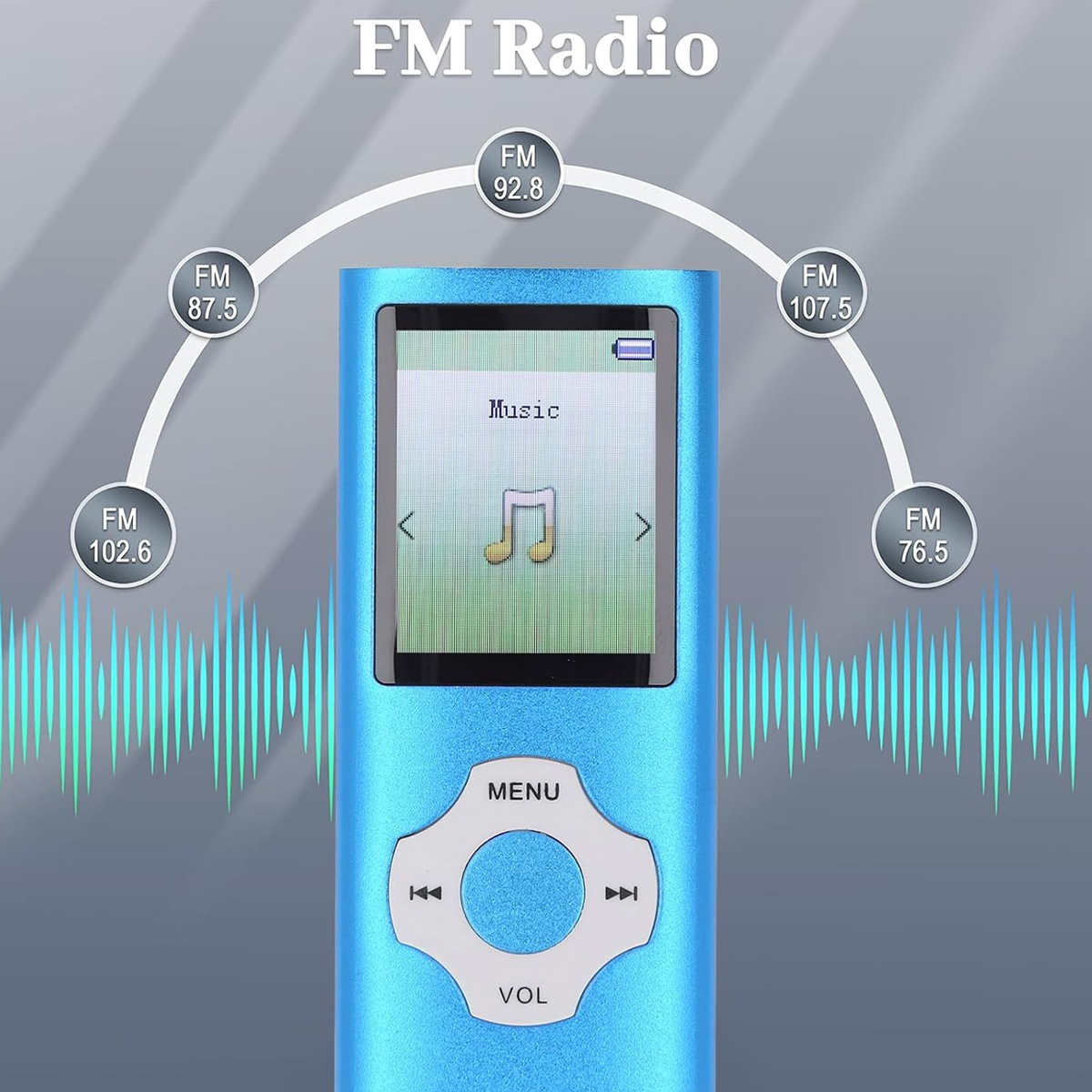 Blauer MP3-Player mit FM-Radio-Anzeige und Frequenzpunkten.