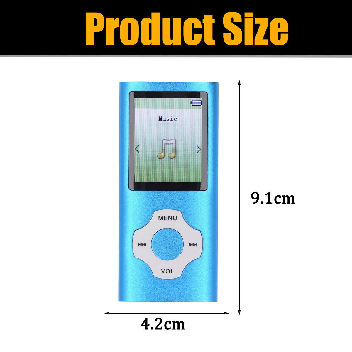 Blauer MP3-Player, 9,1 cm hoch und 4,2 cm breit, zeigt Musik-Symbol.