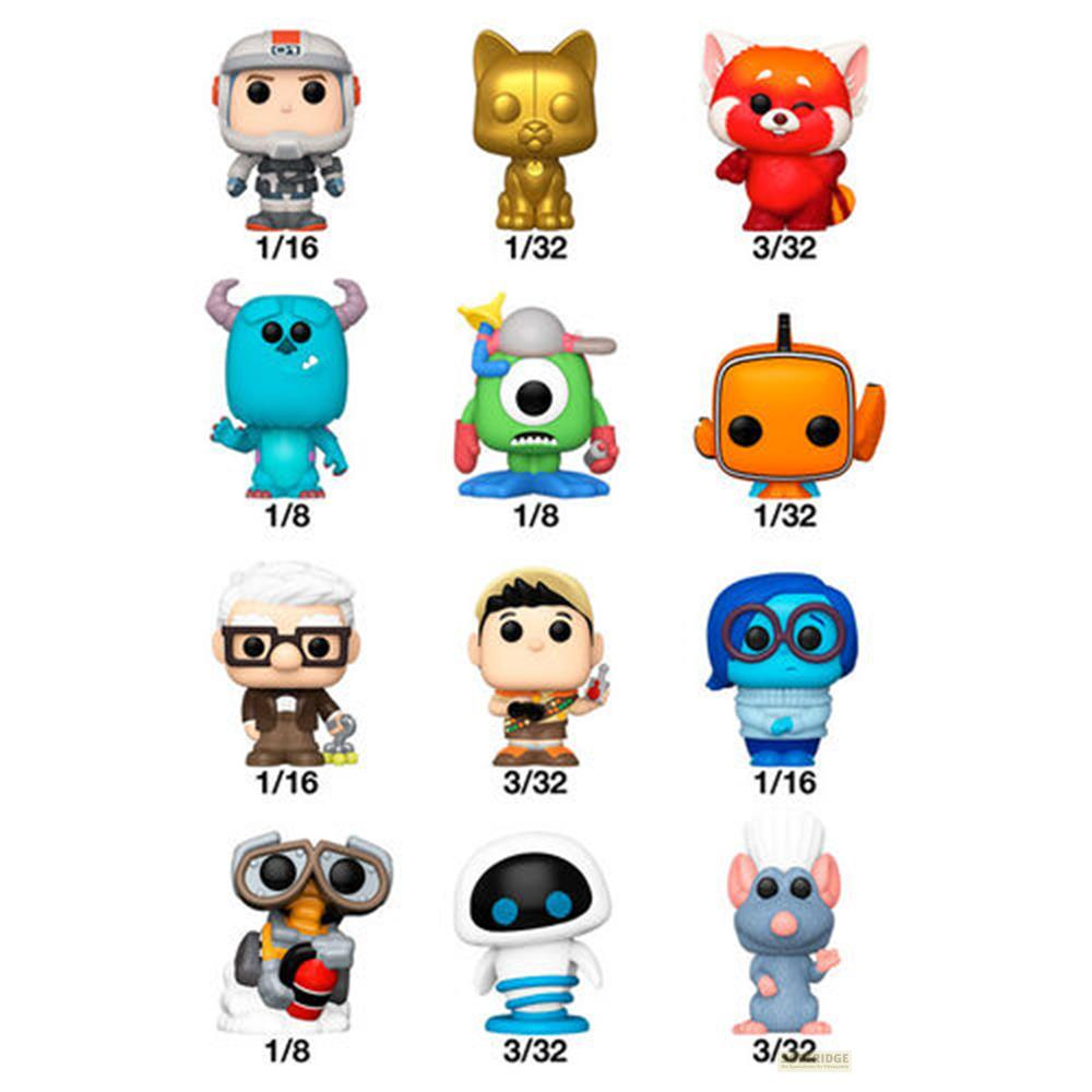 Elf Figuren in drei Reihen: Astronaut, goldener Hund, roter Panda, blauer Monster, grünes Monster, Fisch.