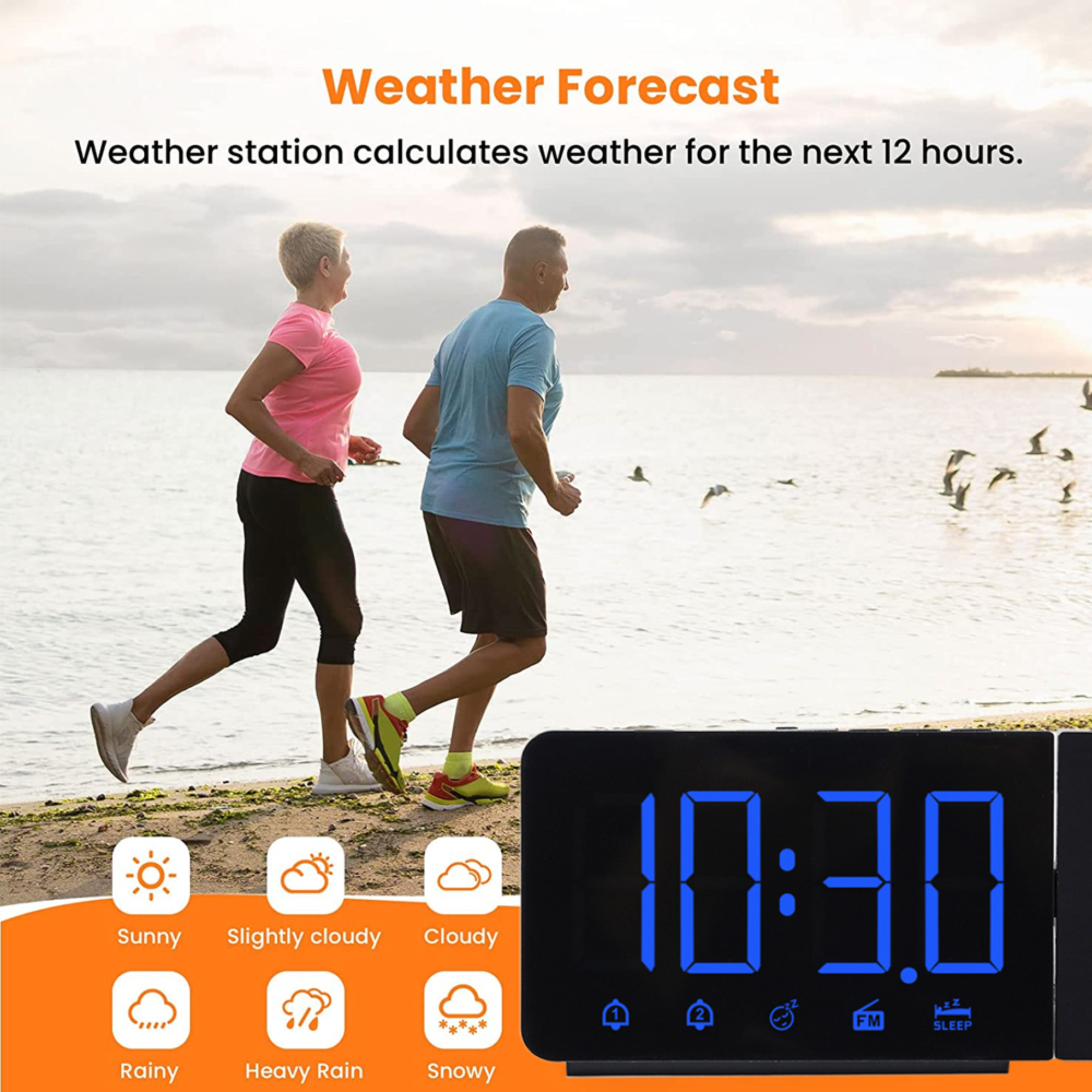 Paar läuft am Strand, Wetterstation und Uhrzeit werden angezeigt.