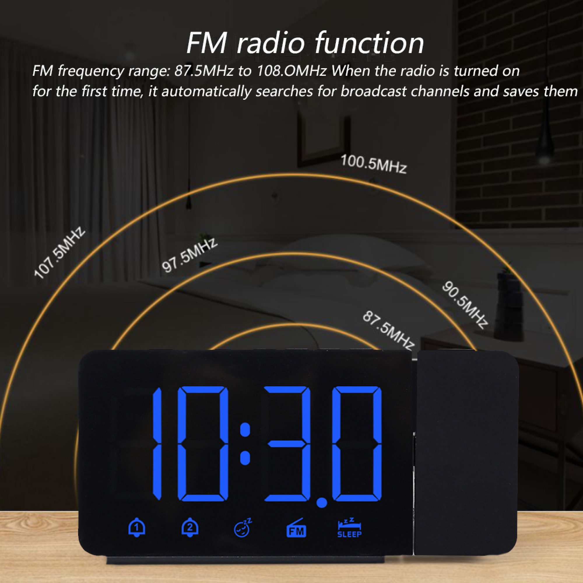 Ein digitaler Radiowecker zeigt 10:30 an, mit FM-Funktion.