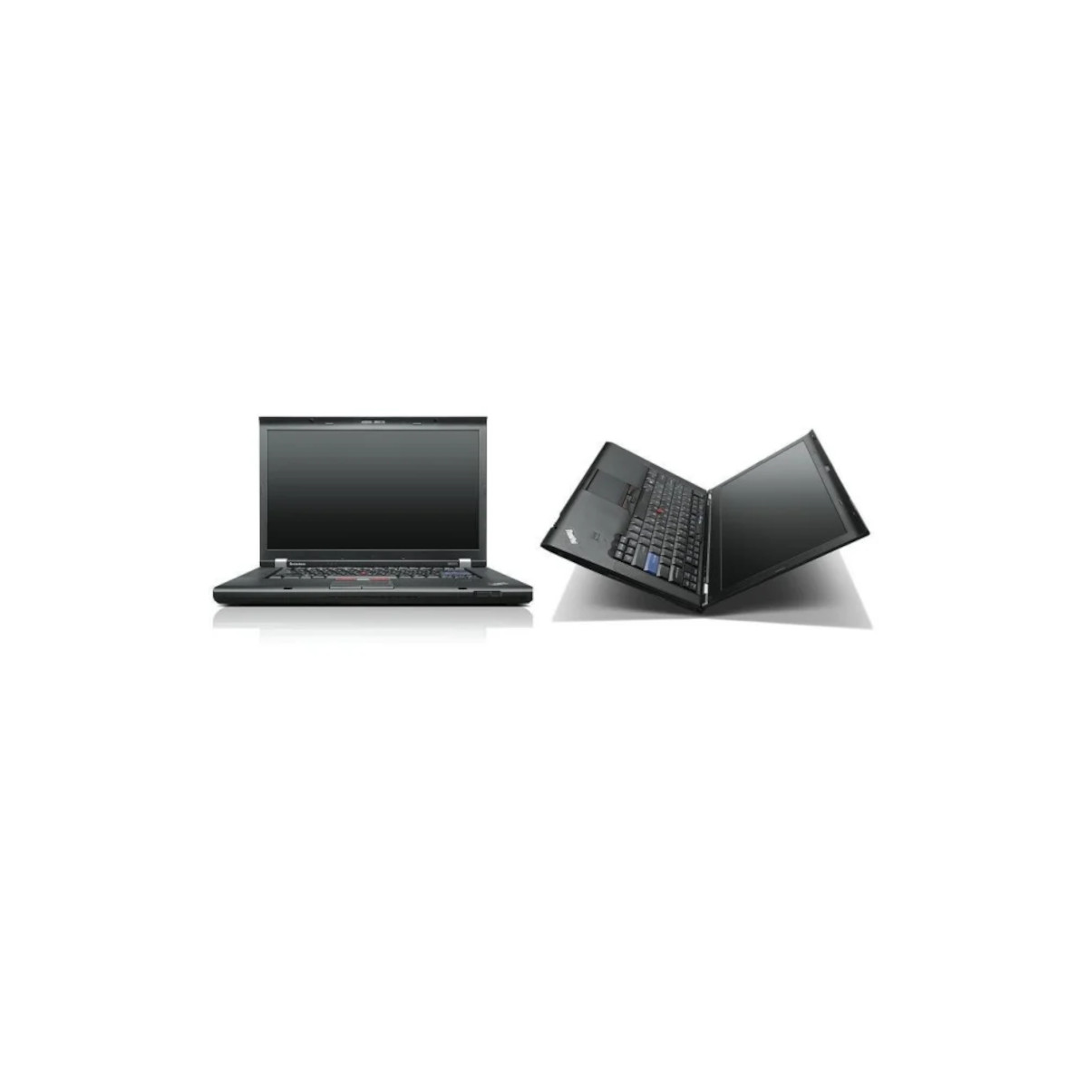 Zwei schwarze Laptops auf weißem Hintergrund, einer geöffnet, einer geschlossen.