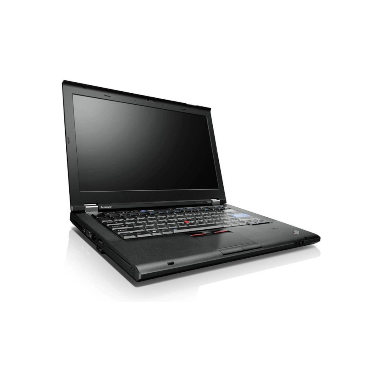 Ein geöffneter schwarzer Lenovo Laptop auf weißem Hintergrund.