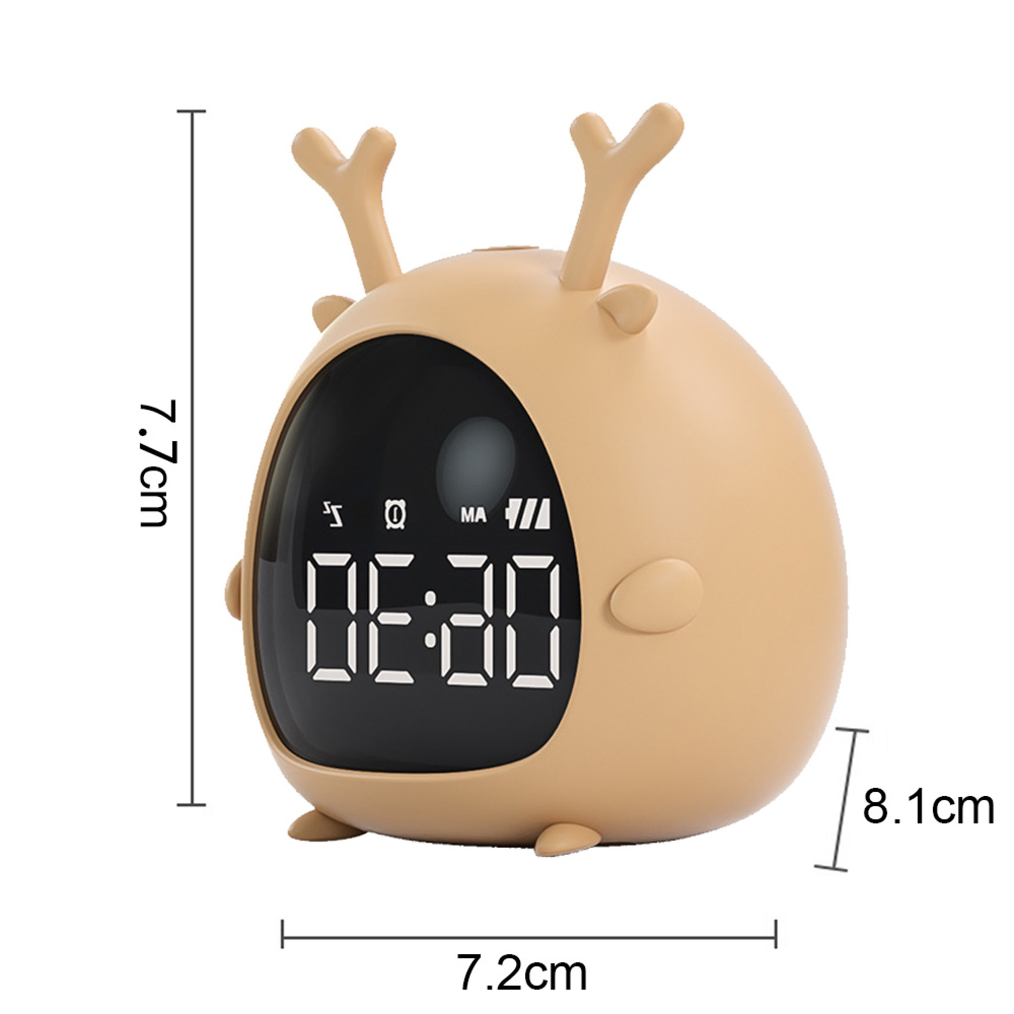Ein brauner digitaler Wecker in Rehform mit Geweih und einem Display, das 06:30 zeigt.