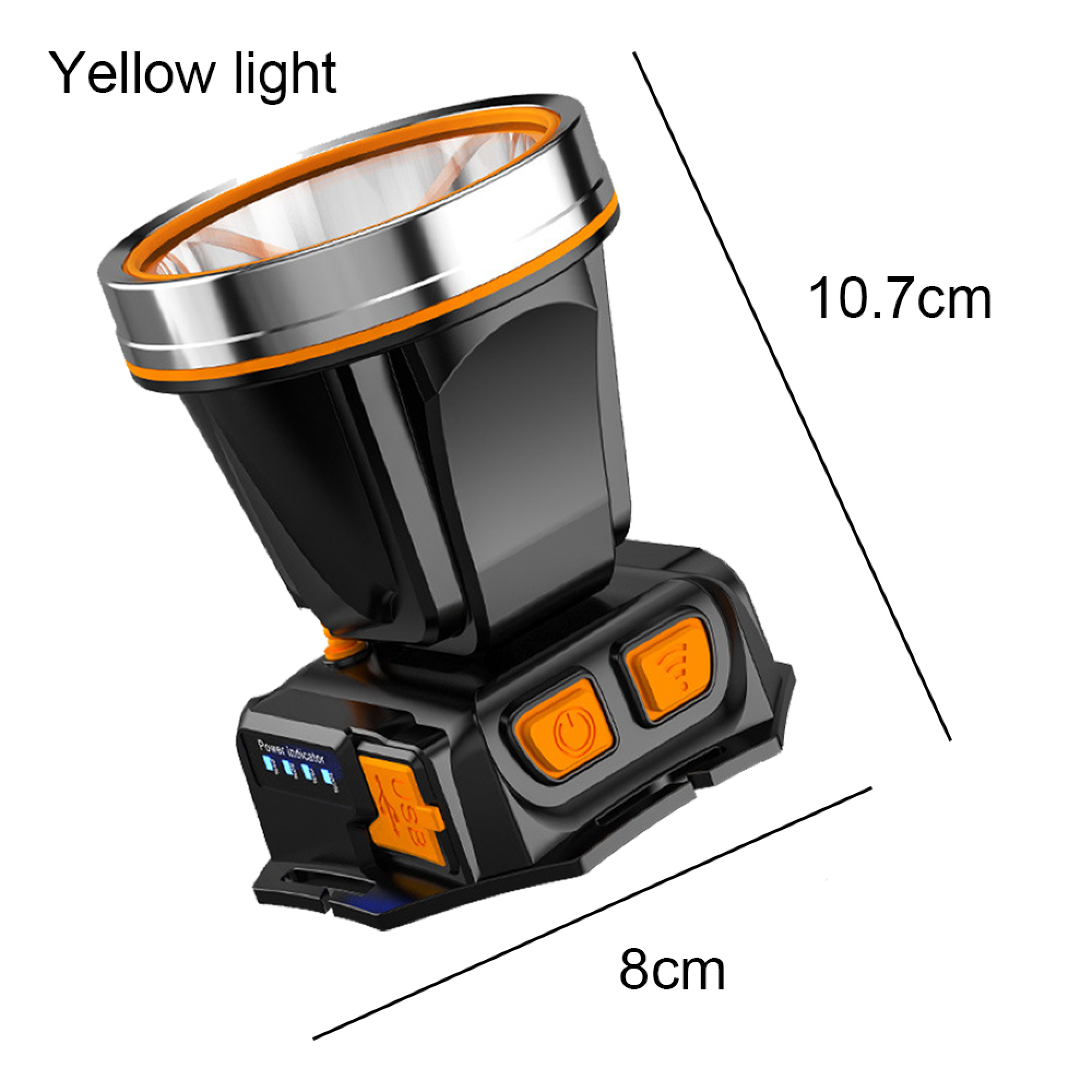 Schwarzer Stirnlampe mit orangefarbenen Akzenten und einer Messung von 10,7 cm und 8 cm.