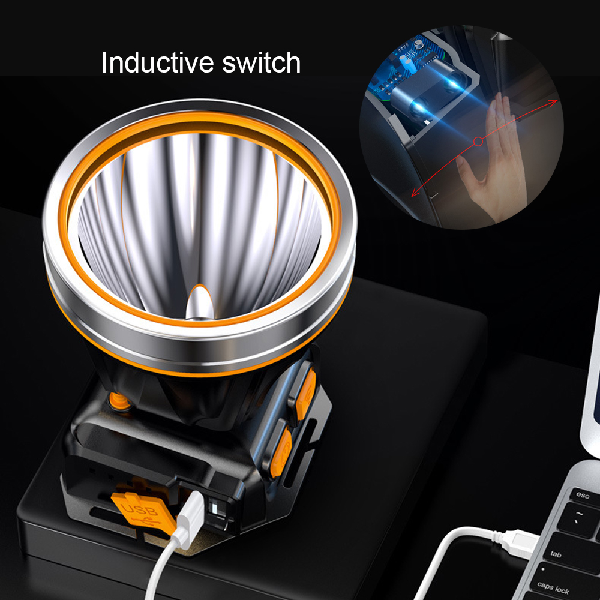 Kopfleuchte mit USB-Anschluss und Induktionsschalter-Detail.