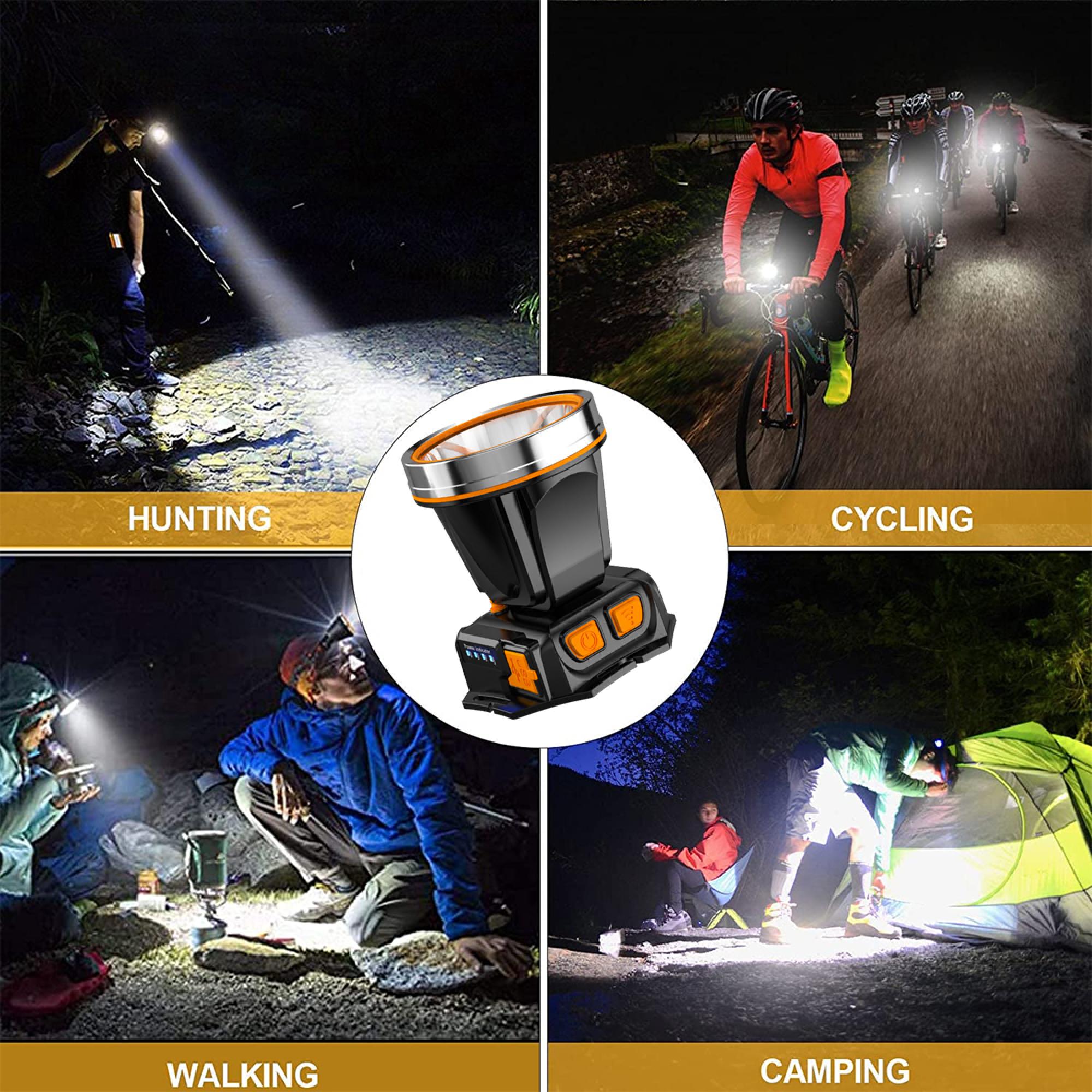 Vier Szenen zeigen Kopflampen in Aktion: Jagen, Radfahren, Wandern und Camping.