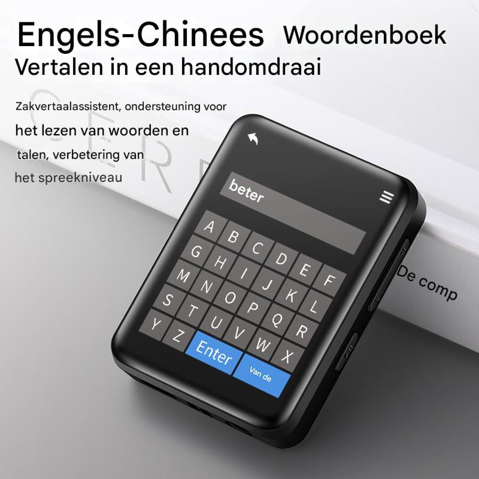 Schwarzes Handheld-Übersetzungstool mit Tastatur und dem Wort 'beter' auf dem Bildschirm.