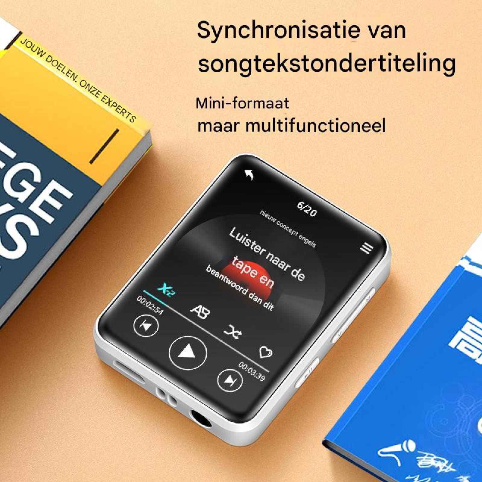 Ein silberner MP3-Player mit schwarzem Bildschirm, der niederländische Texte anzeigt.