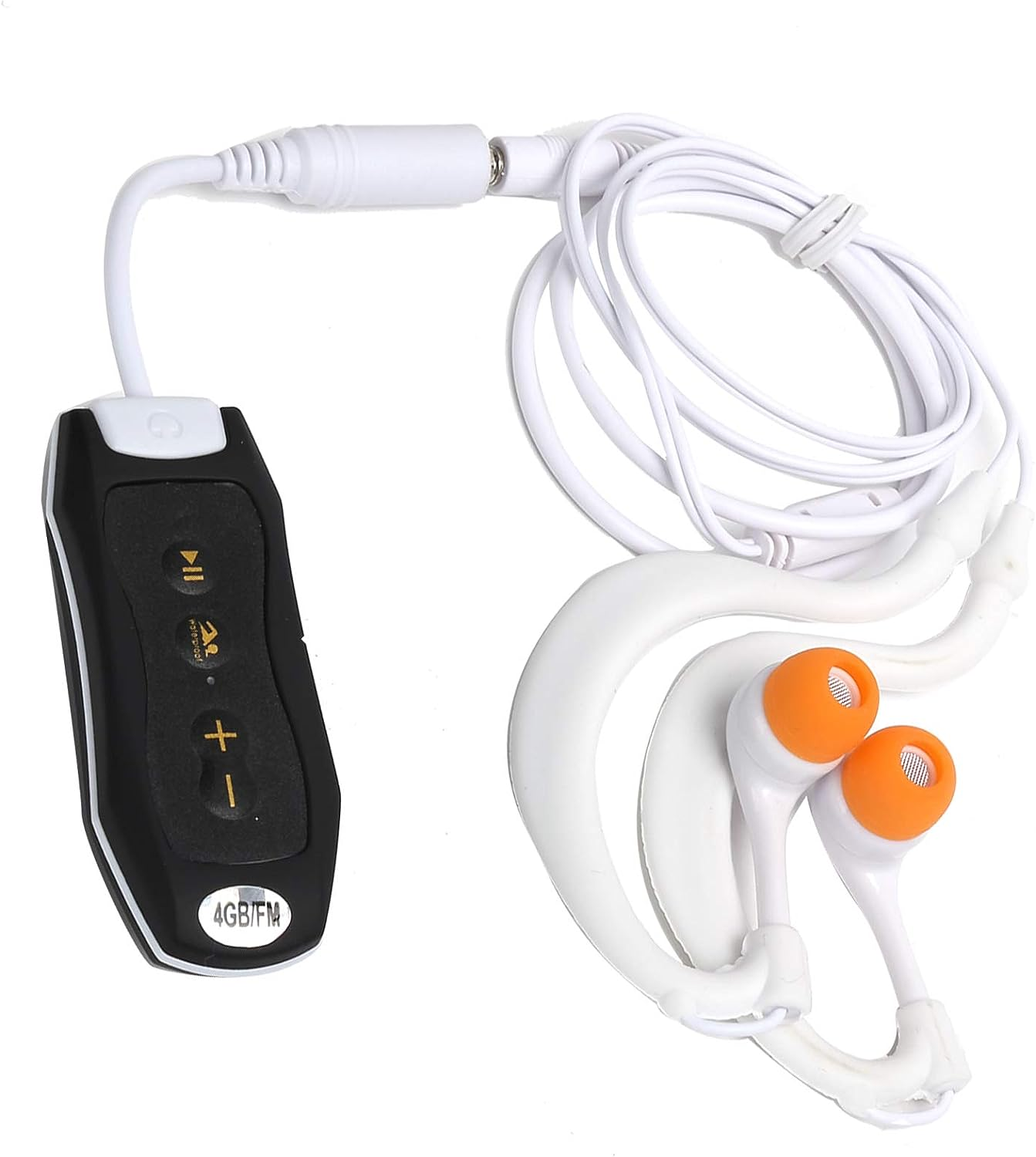 Schwarz-weißer digitaler Musik-Player mit weißen Ohrhörern und orangen Spitzen.