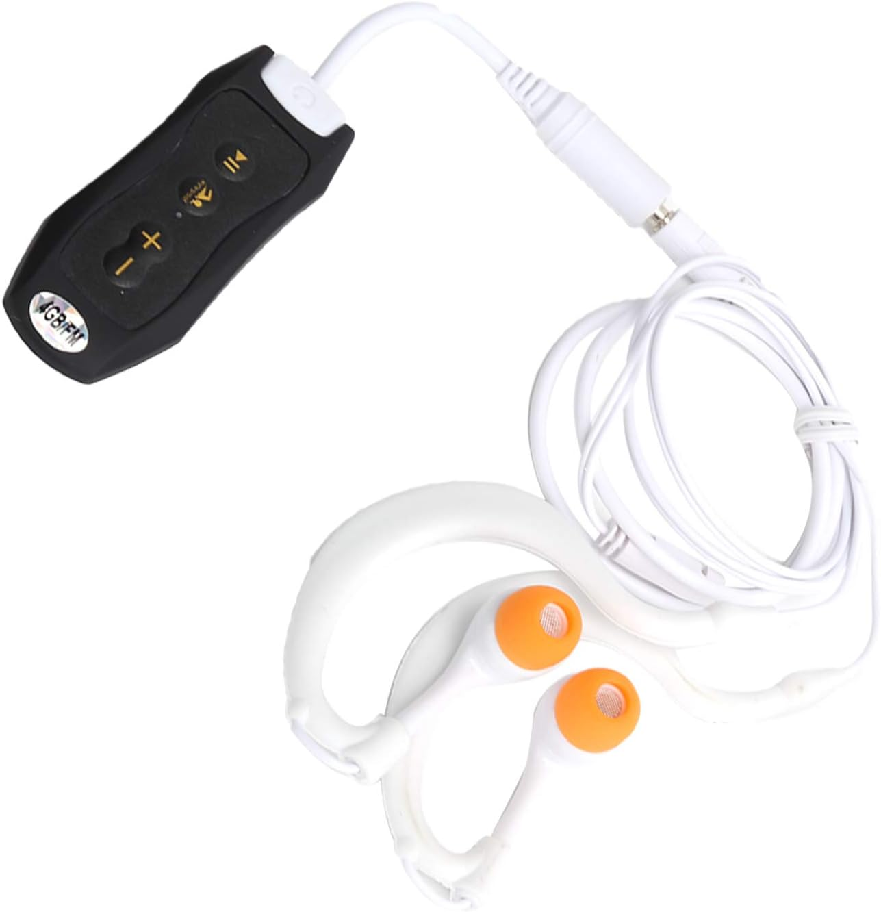 Schwarzer MP3-Player mit weißem Kabel und weißen Kopfhörern mit orangefarbenen Ohrstöpseln.