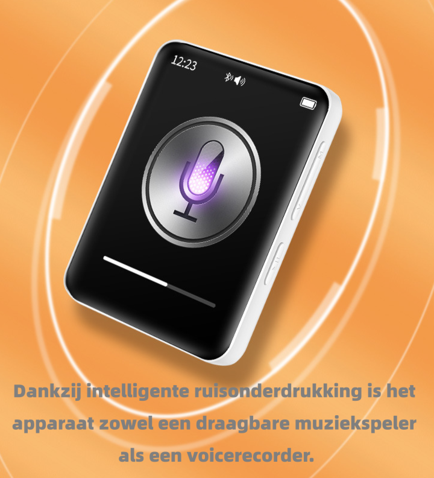 Ein tragbarer Musikplayer und Diktiergerät mit Mikrofon-Symbol.