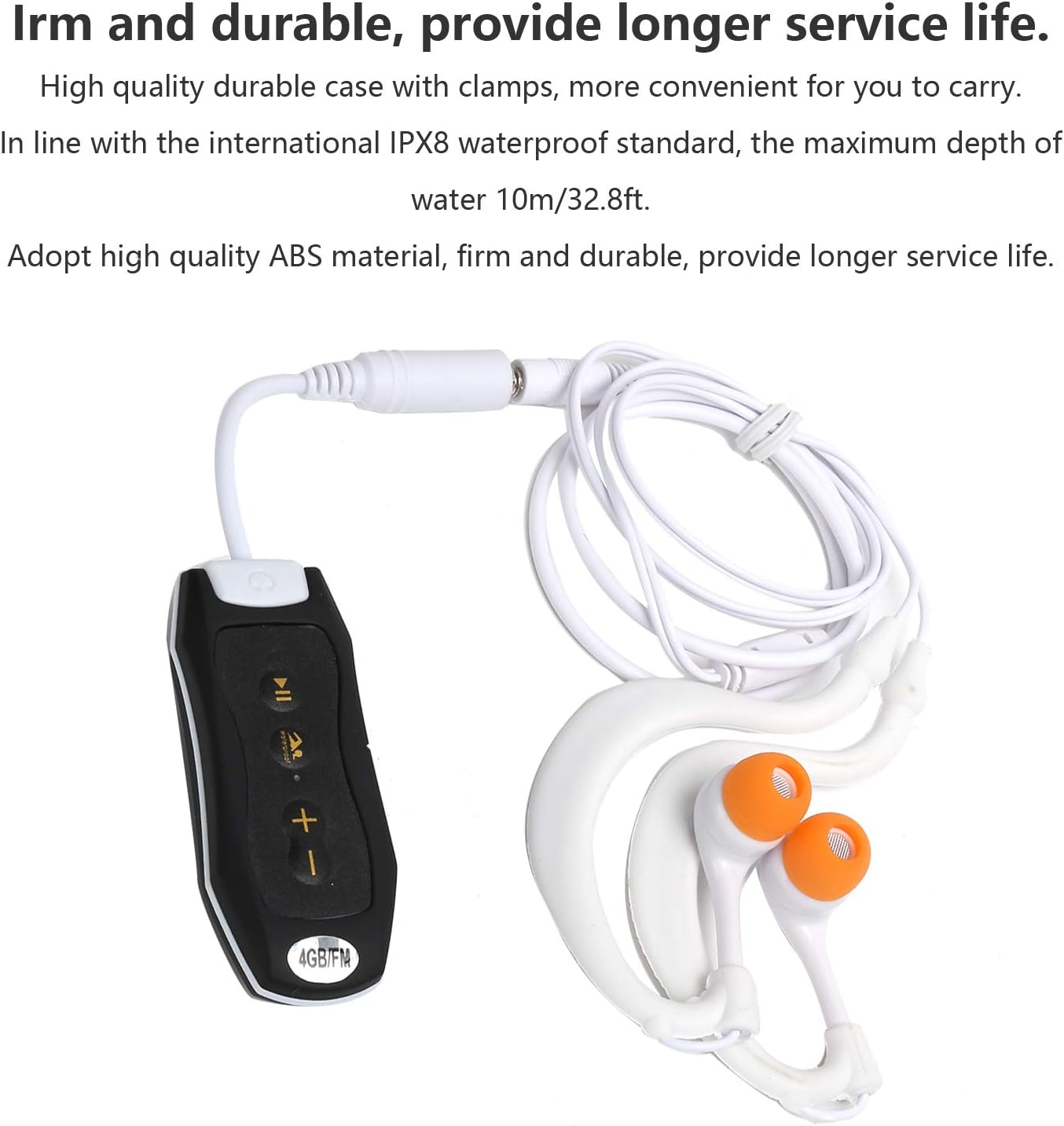 Schwarzer wasserdichter MP3-Player mit Kopfhörern und orangefarbenen Ohrstöpseln.
