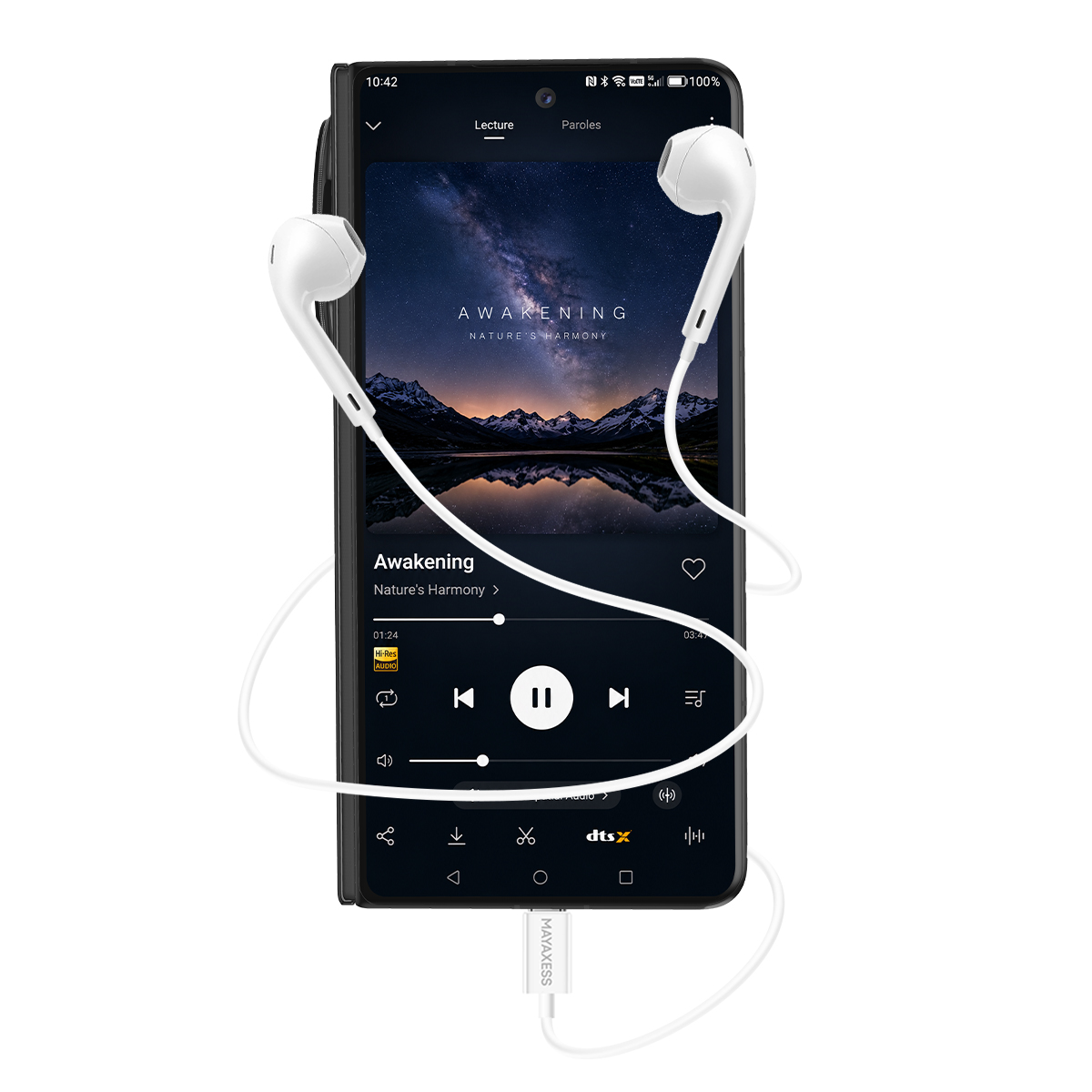 Smartphone con auricolari che mostra la riproduzione musicale.