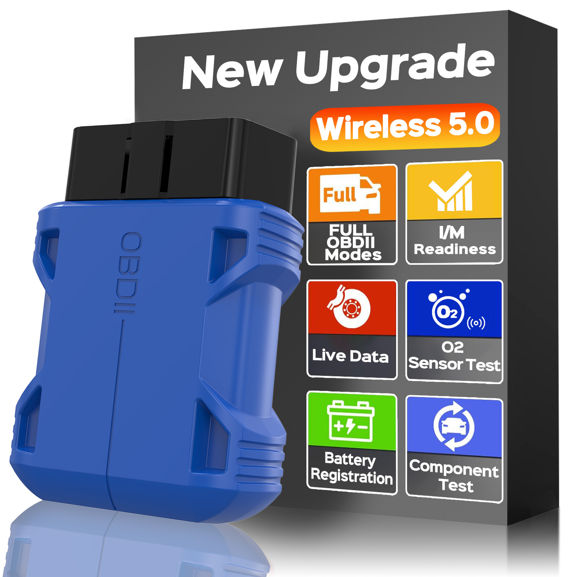 Blauer OBDII-Scanner mit "New Upgrade Wireless 5.0"-Verpackung, zeigt Testfunktionen.