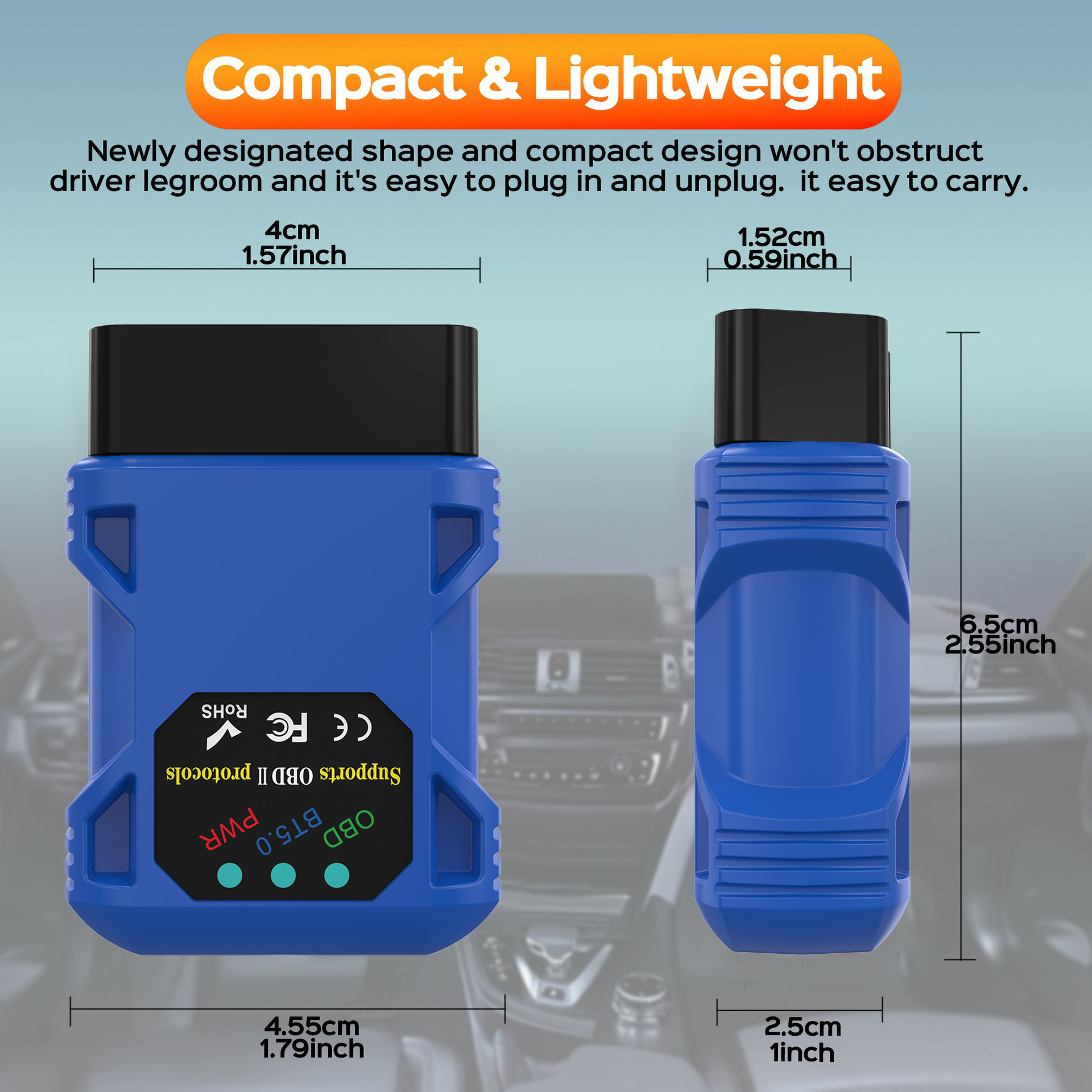 Zwei blaue OBD-II-Adapter mit schwarzen Anschlüssen, eine Frontansicht, eine Seitenansicht.